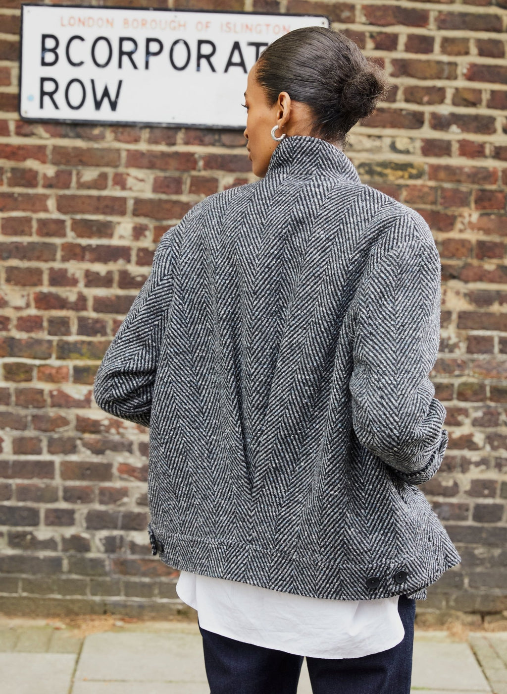Janine Wool Blend Short Coat - Black & Grey Herringbone Baukjen