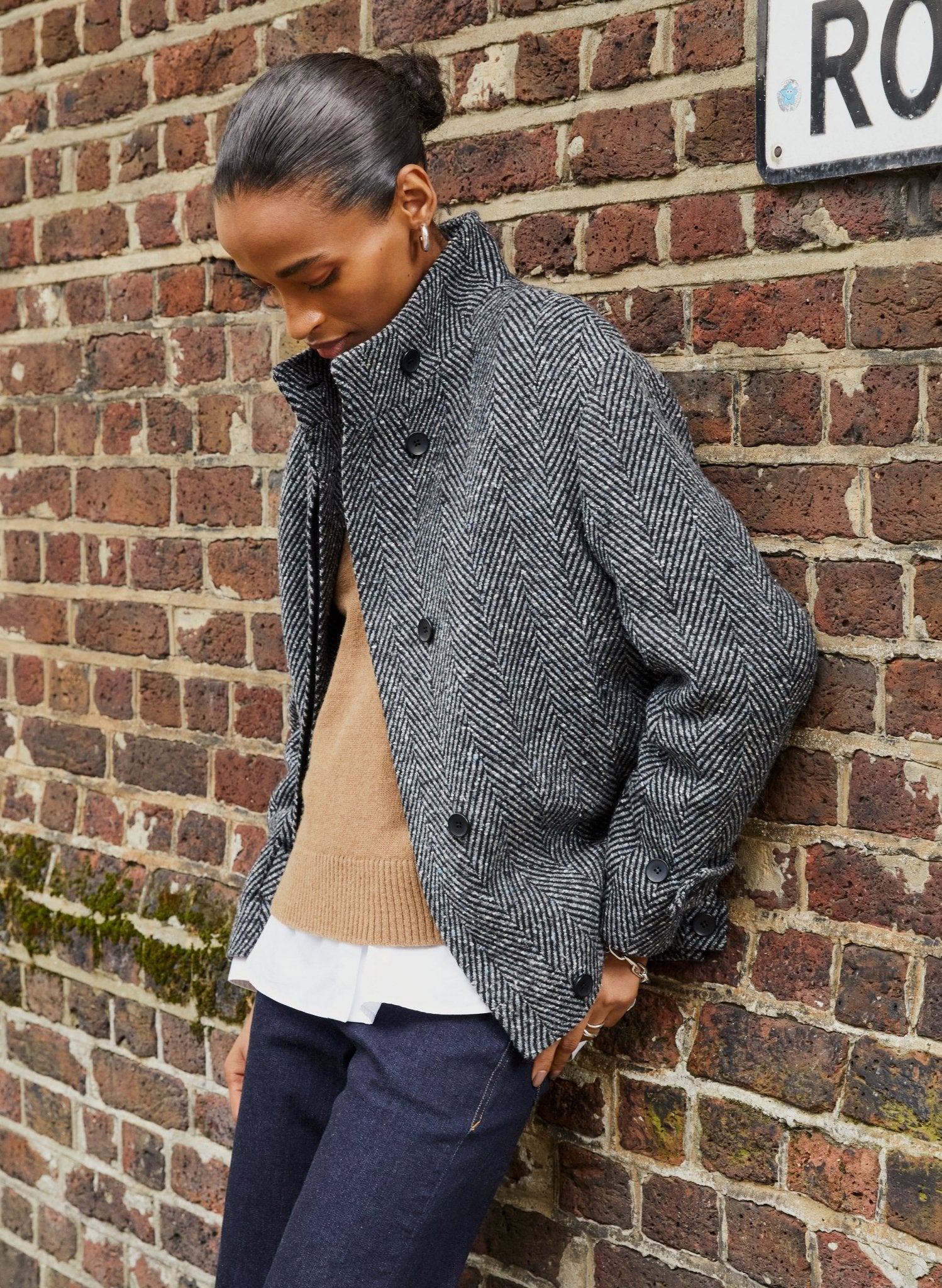 Janine Wool Blend Short Coat - Black & Grey Herringbone Baukjen