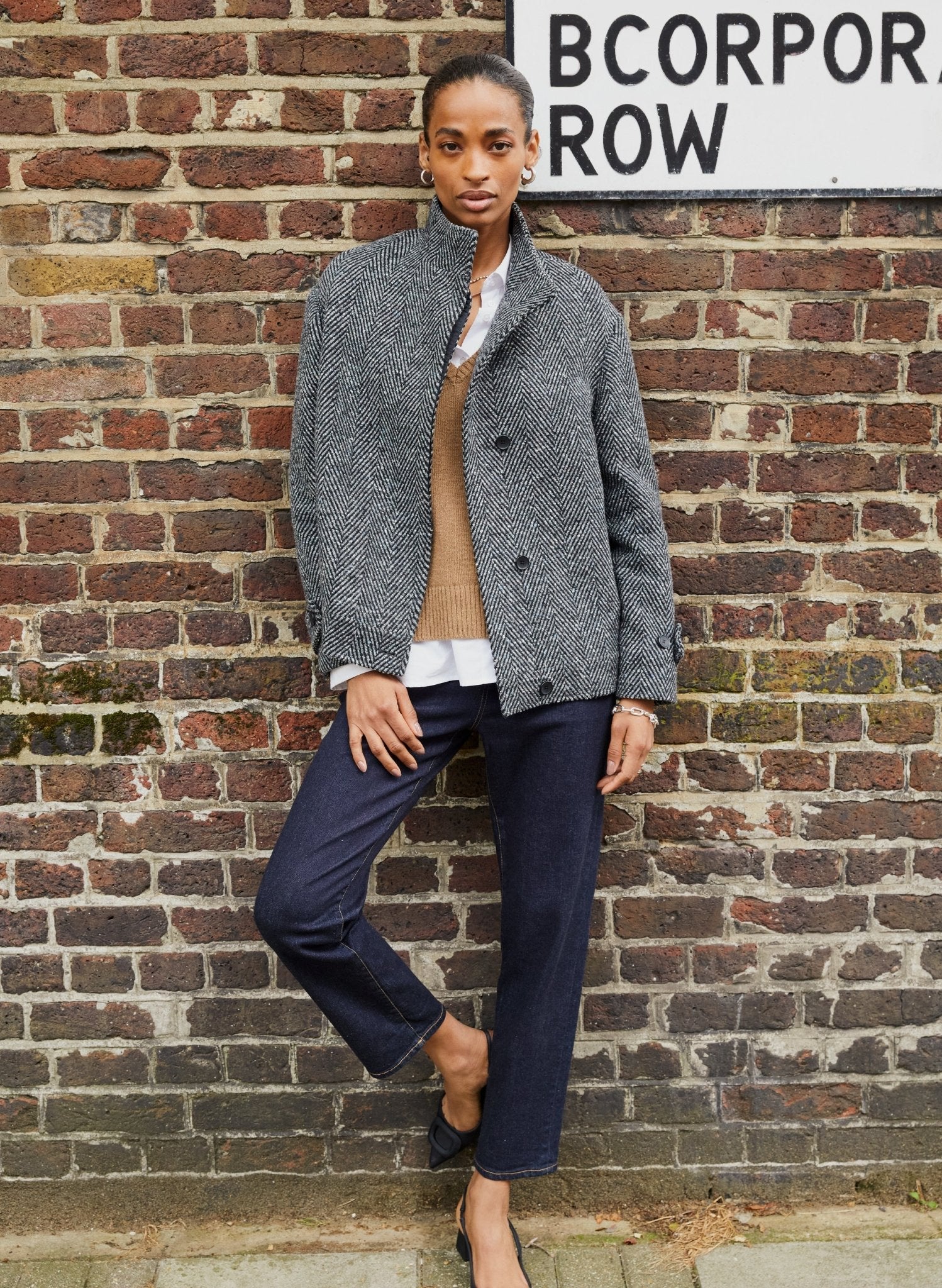 Janine Wool Blend Short Coat - Black & Grey Herringbone Baukjen