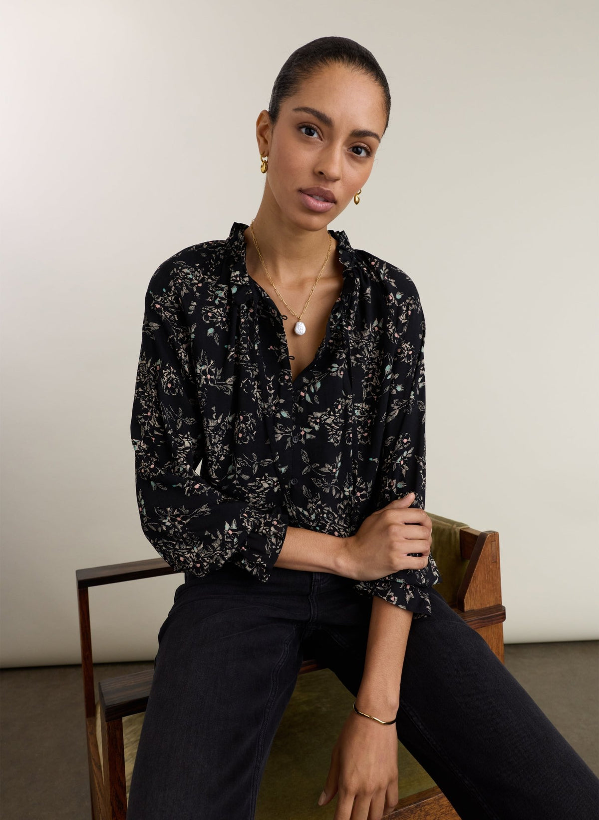 Jasmine Printed Blouse - Black Floral Sprig Baukjen