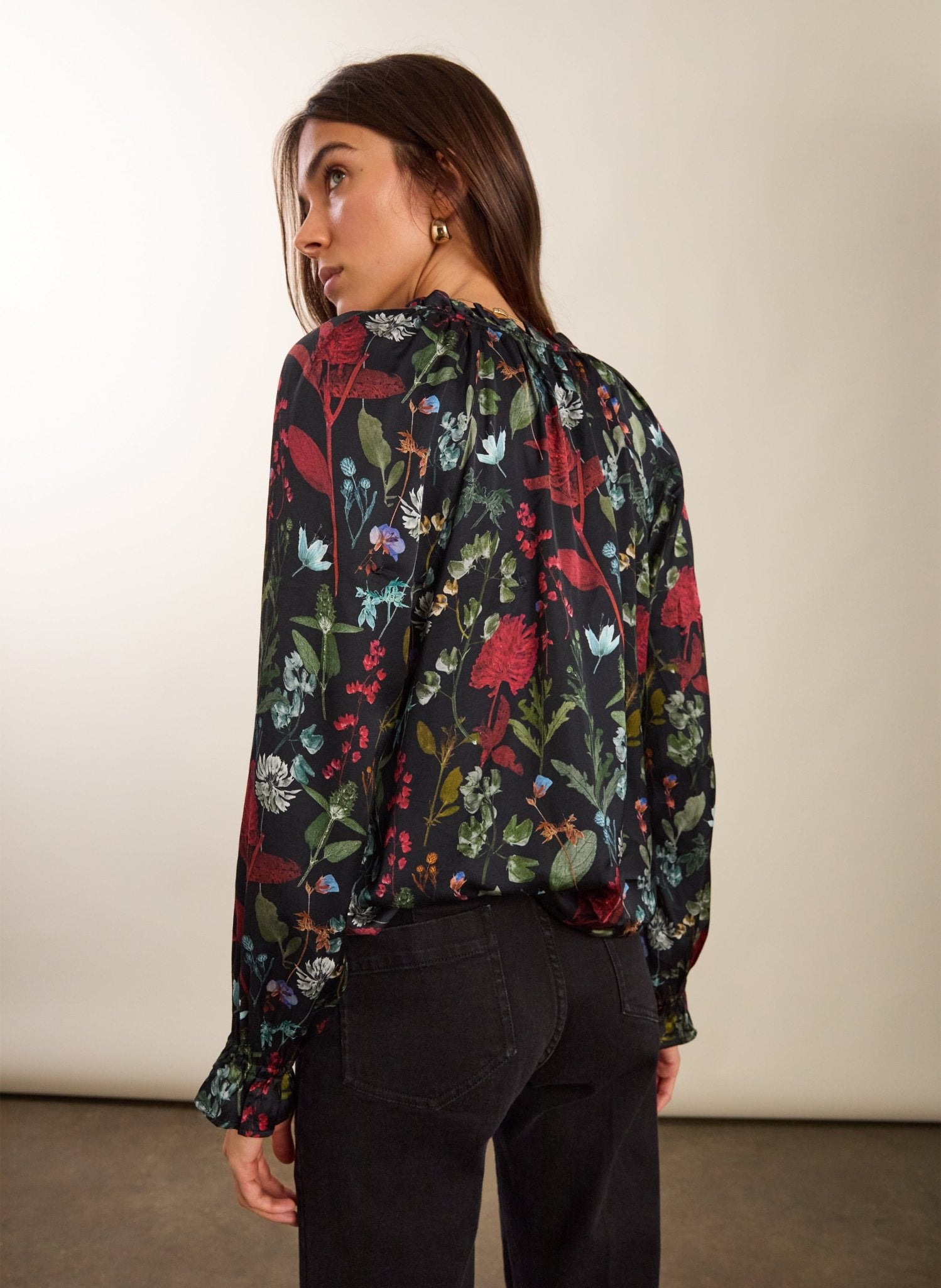 Jasmine Printed Tie Neck Satin Blouse - Black Botanical Print Baukjen