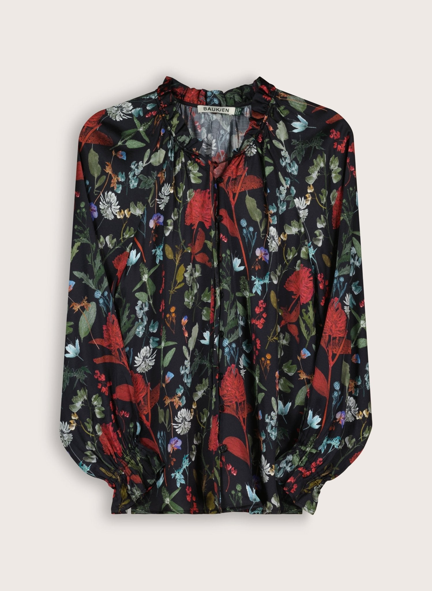 Jasmine Printed Tie Neck Satin Blouse - Black Botanical Print Baukjen