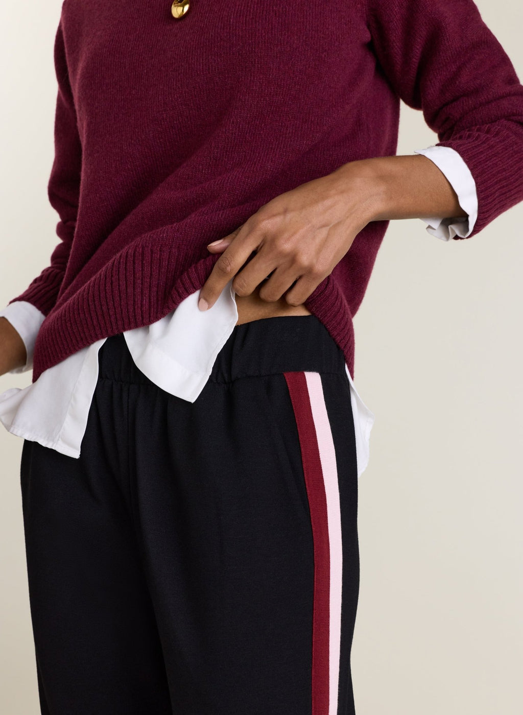 Jay Side Stripe Tapered Trousers - Caviar Black, Burgundy & Pink Baukjen