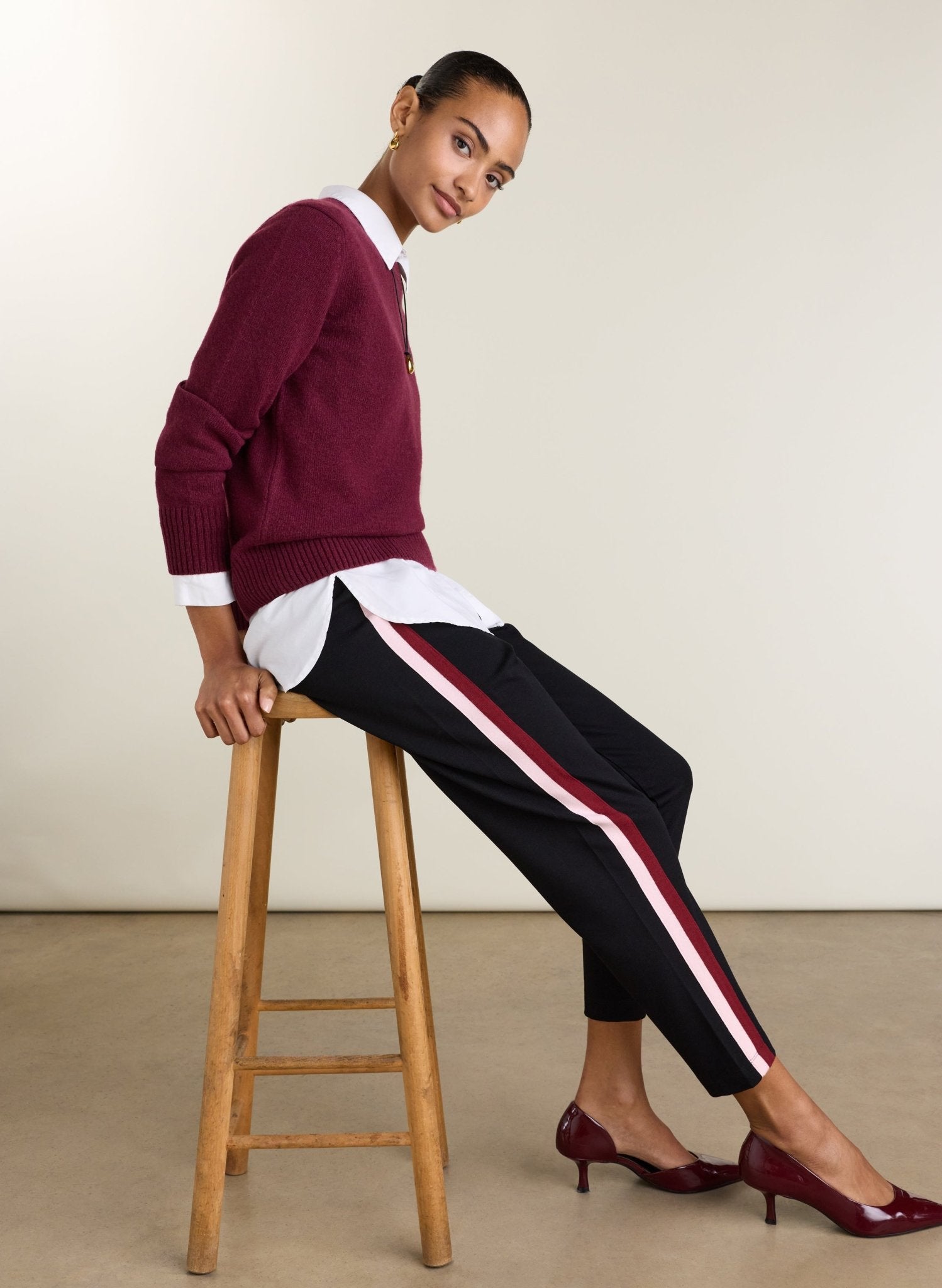 Jay Side Stripe Tapered Trousers - Caviar Black, Burgundy & Pink Baukjen