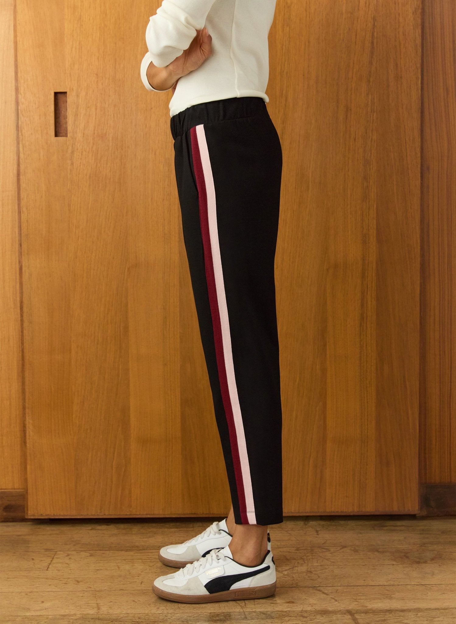 Jay Side Stripe Tapered Trousers - Caviar Black, Burgundy & Pink Baukjen