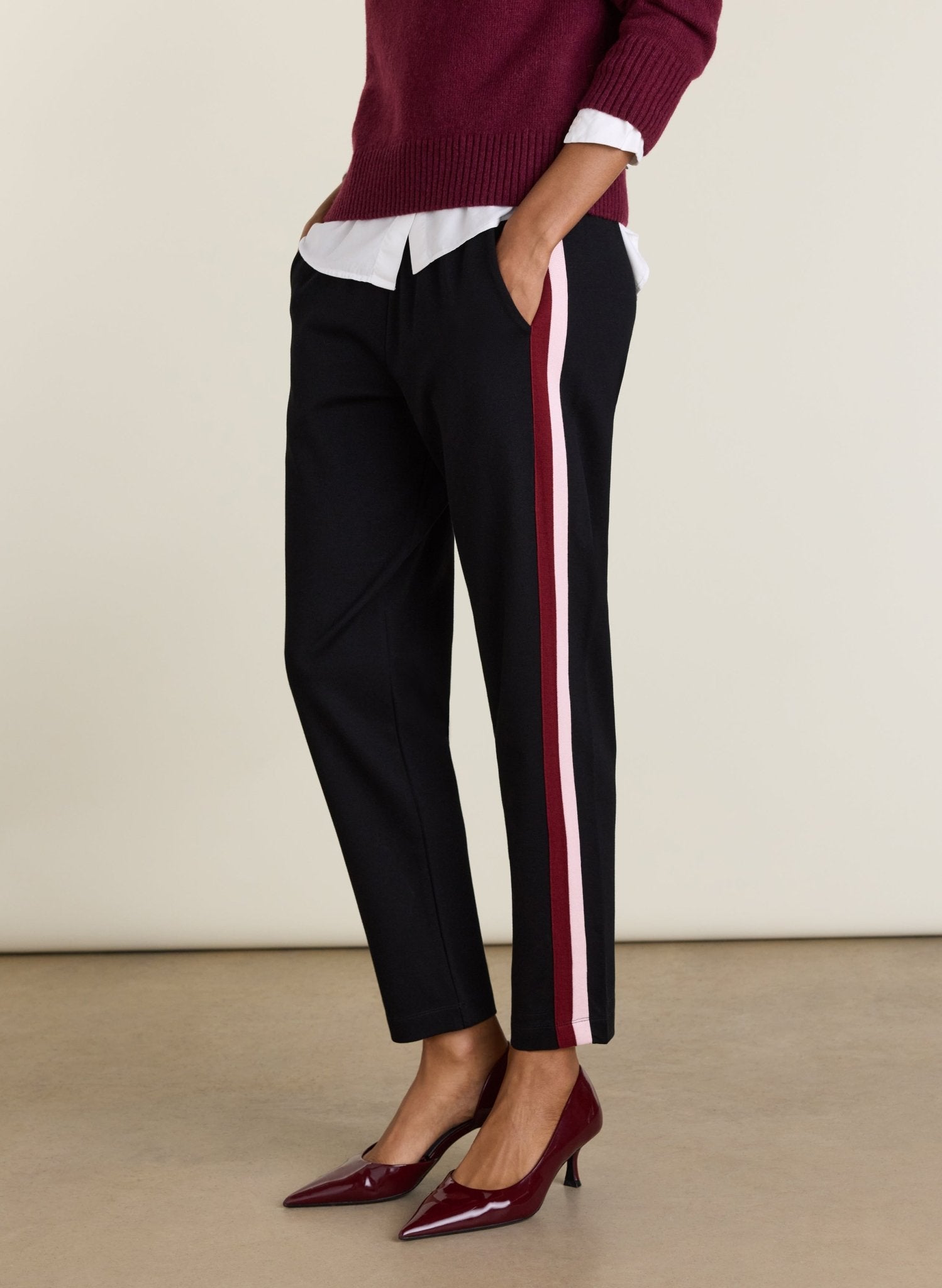 Jay Side Stripe Tapered Trousers - Caviar Black, Burgundy & Pink Baukjen