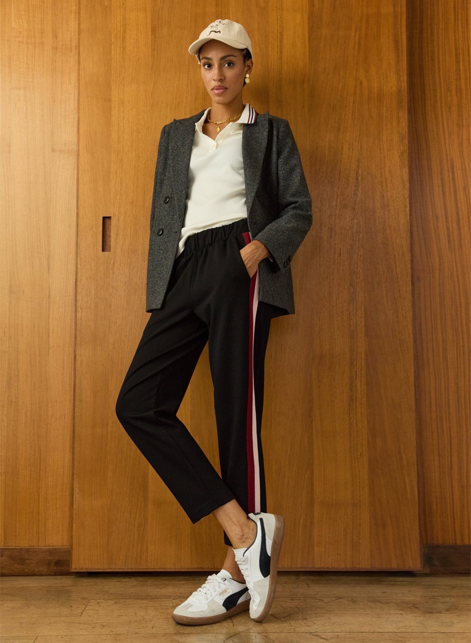 Jay Side Stripe Tapered Trousers - Caviar Black, Burgundy & Pink Baukjen
