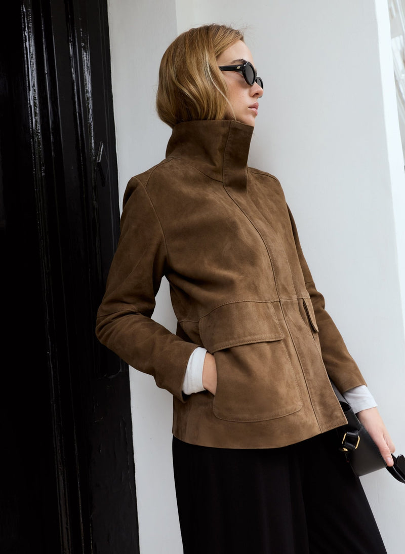 Jesse Funnel Neck Suede Jacket - Dark Brown Baukjen
