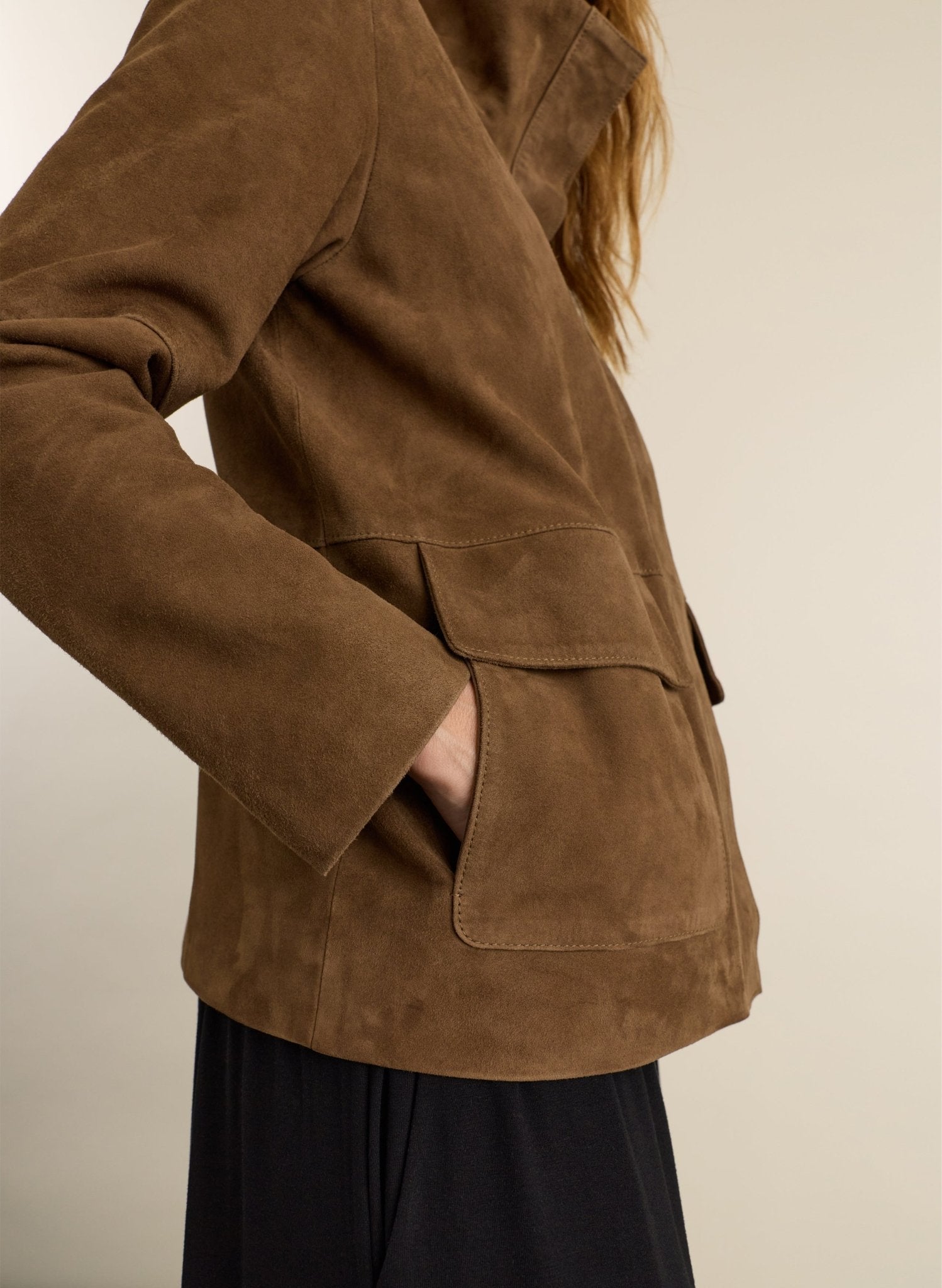 Jesse Funnel Neck Suede Jacket - Dark Brown Baukjen