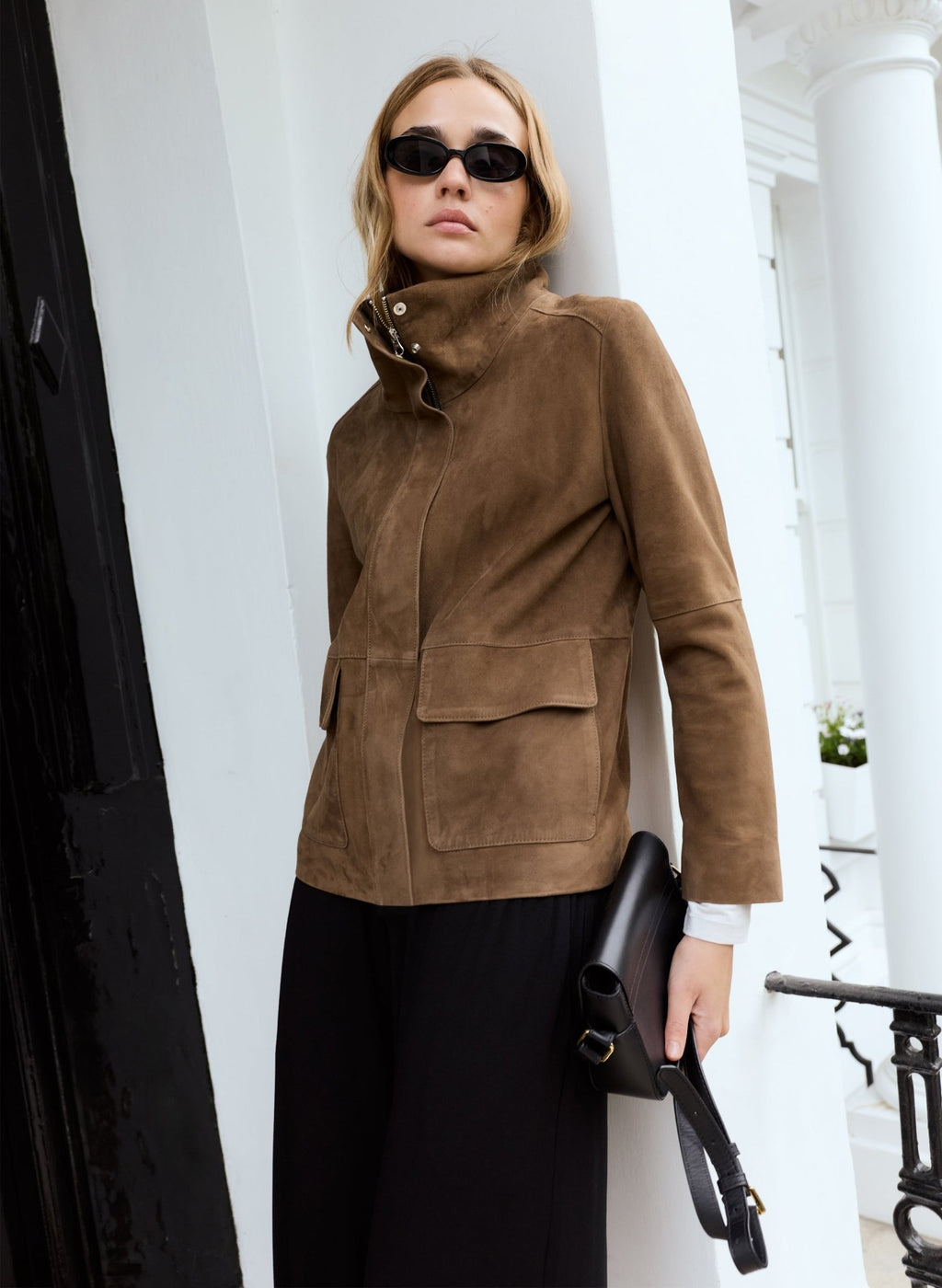 Jesse Funnel Neck Suede Jacket - Dark Brown Baukjen
