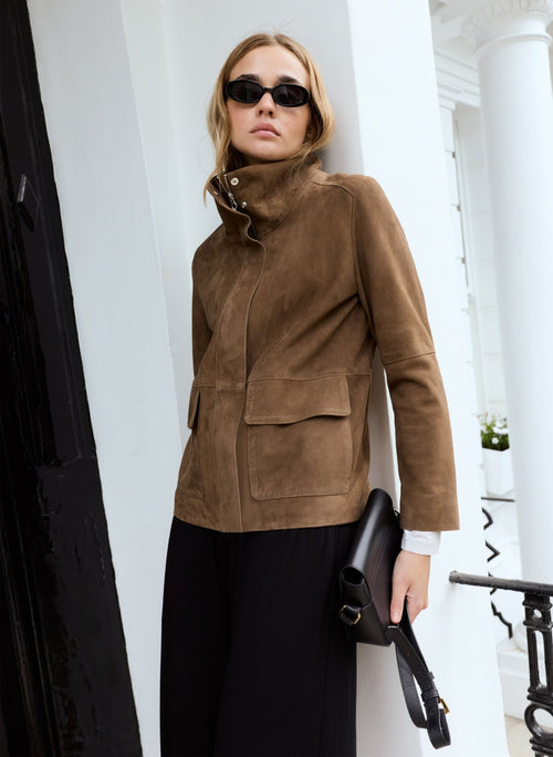 Jesse Funnel Neck Suede Jacket - Dark Brown Baukjen