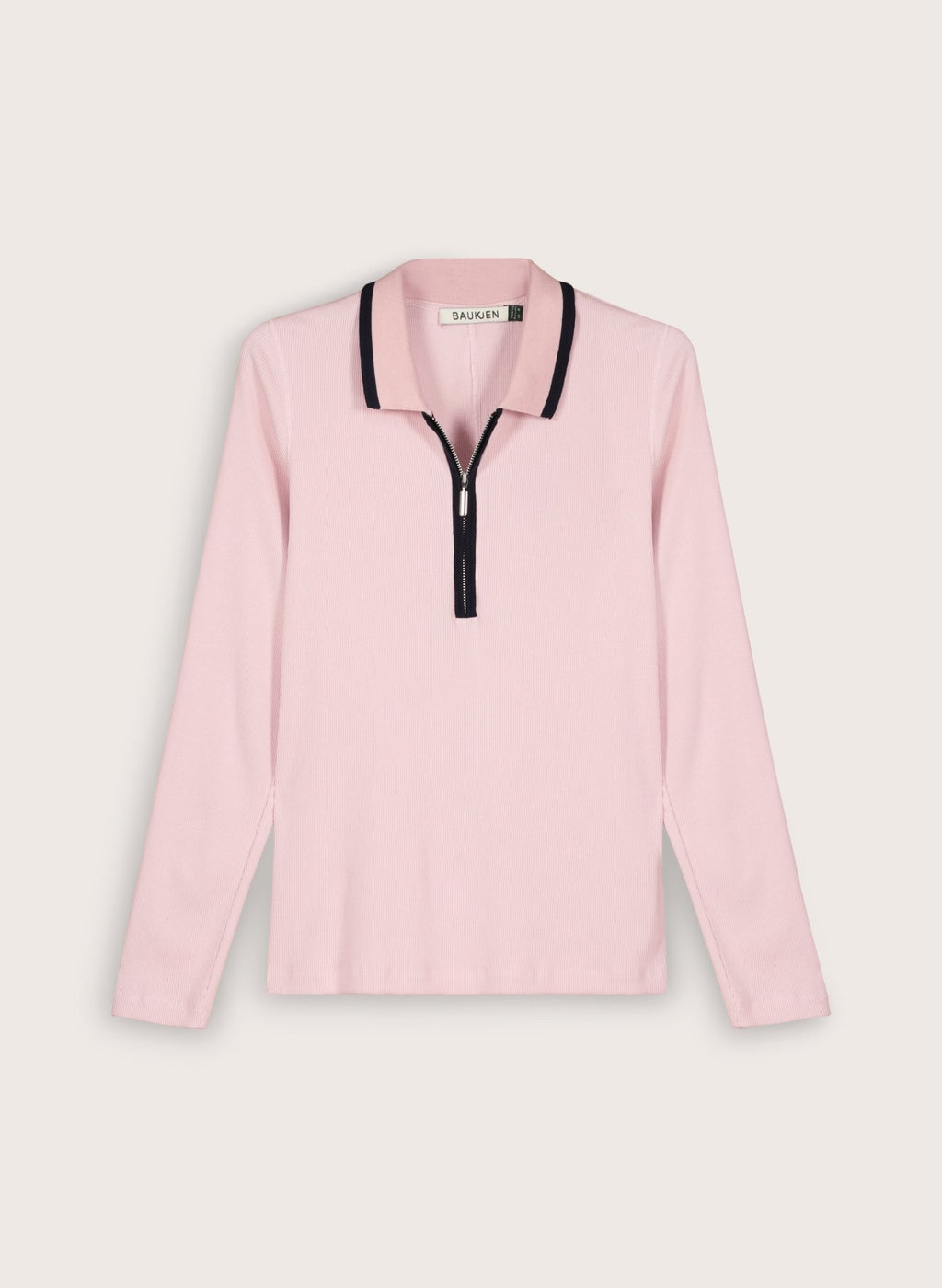 Joely Organic Cotton Rib Zip Collar Top - Pastel Pink & Navy Baukjen