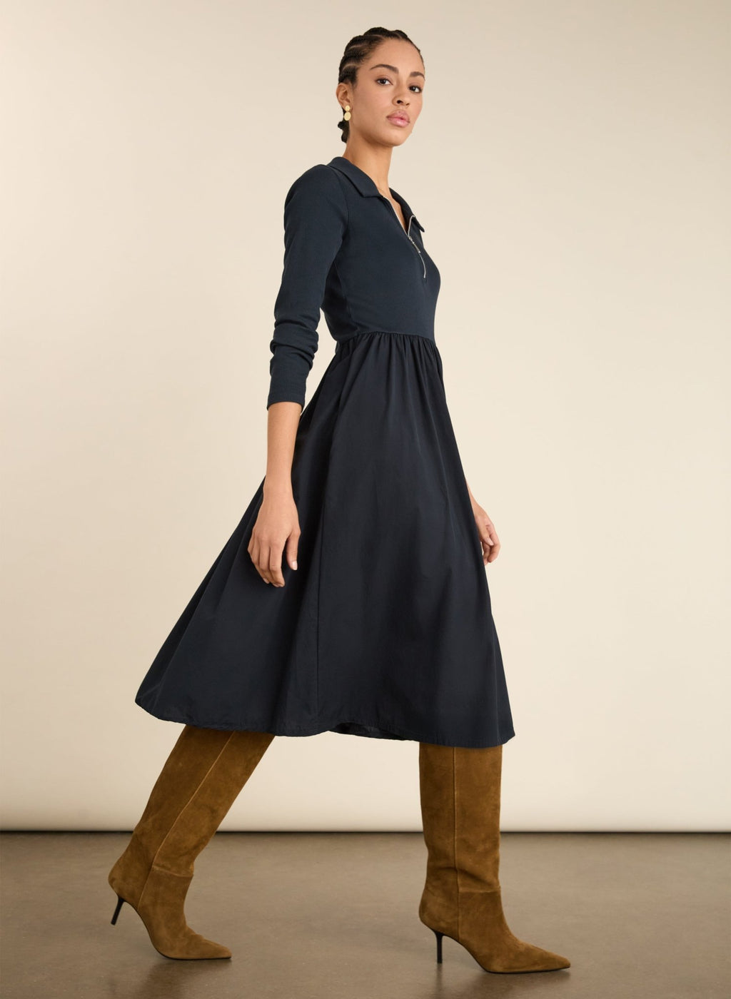 Kate Fabric Mix Zip Collar Dress - Classic Navy Baukjen