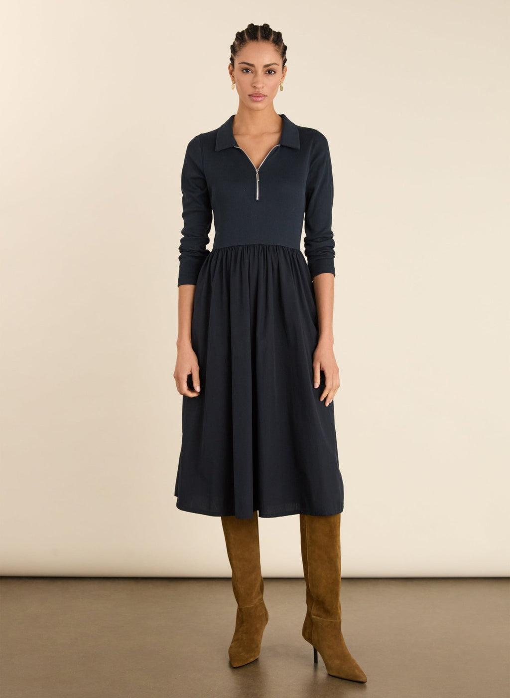 Kate Fabric Mix Zip Collar Dress - Classic Navy Baukjen
