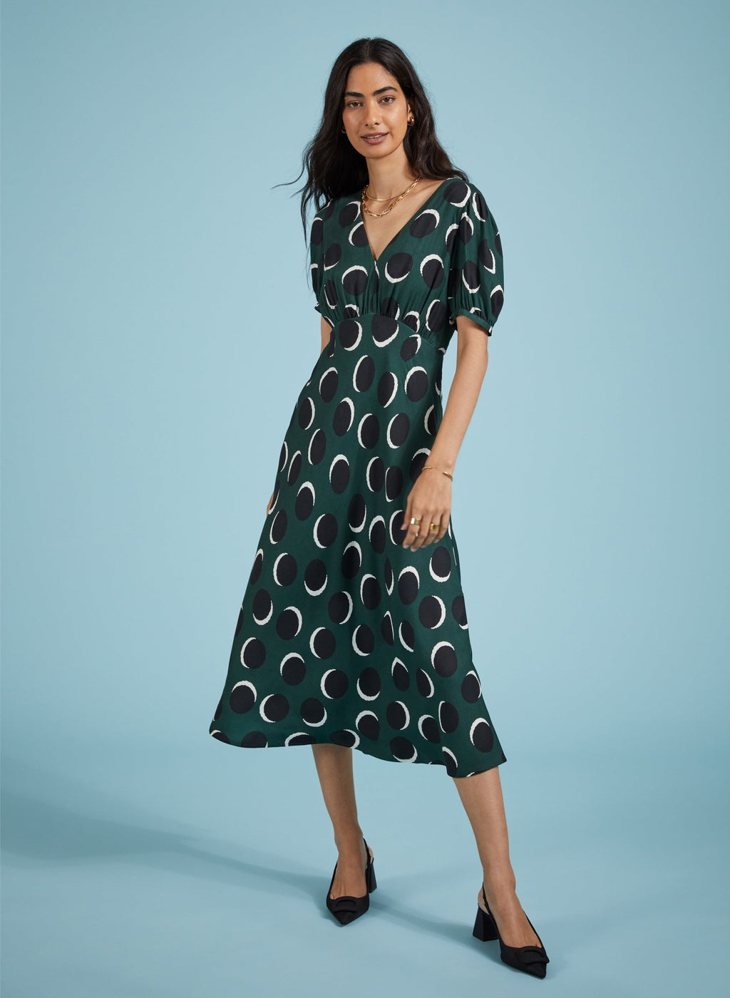 Kaydence Printed Midi Tea Dress with Livaeco - Green Shadow Spot