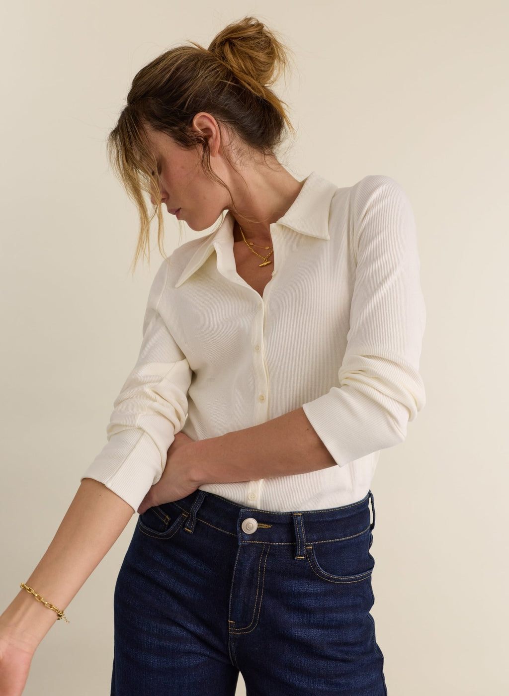 Kelly Ribbed Button-Down Top - Cream Baukjen