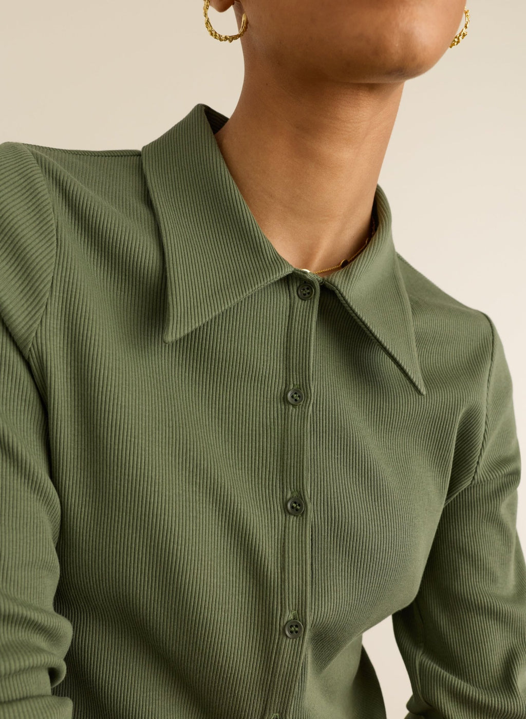 Kelly Ribbed Button-Down Top - Light Khaki Baukjen