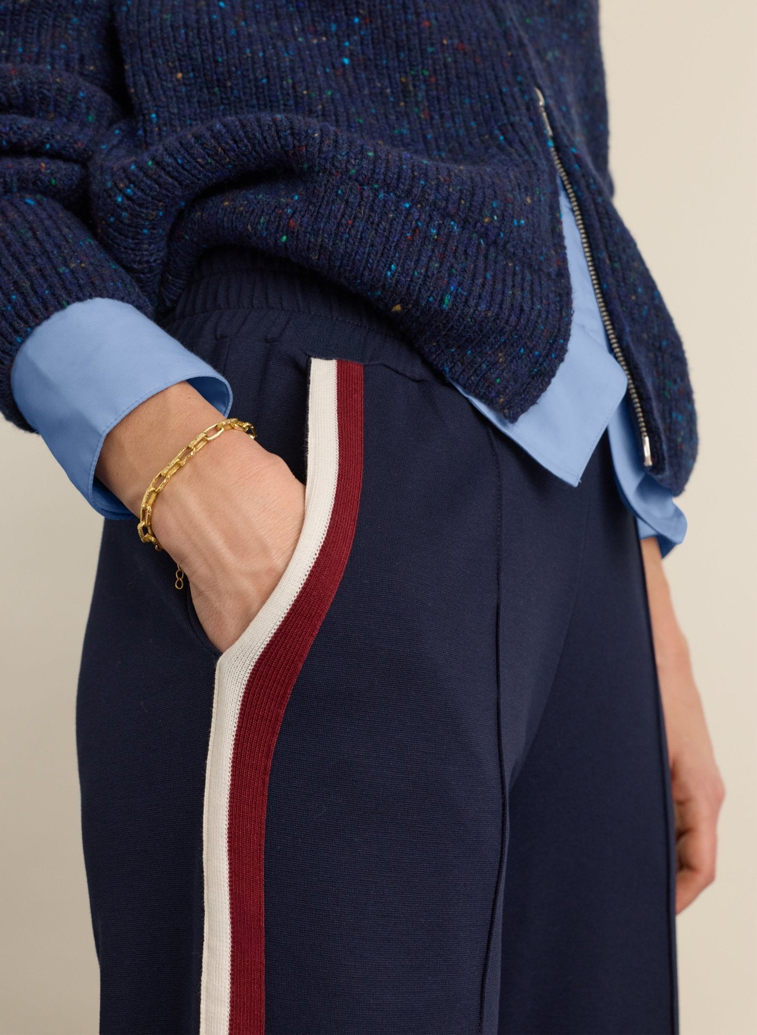 Kerry Side Stripe Trousers - Navy, Cream & Burgundy Stripe Baukjen