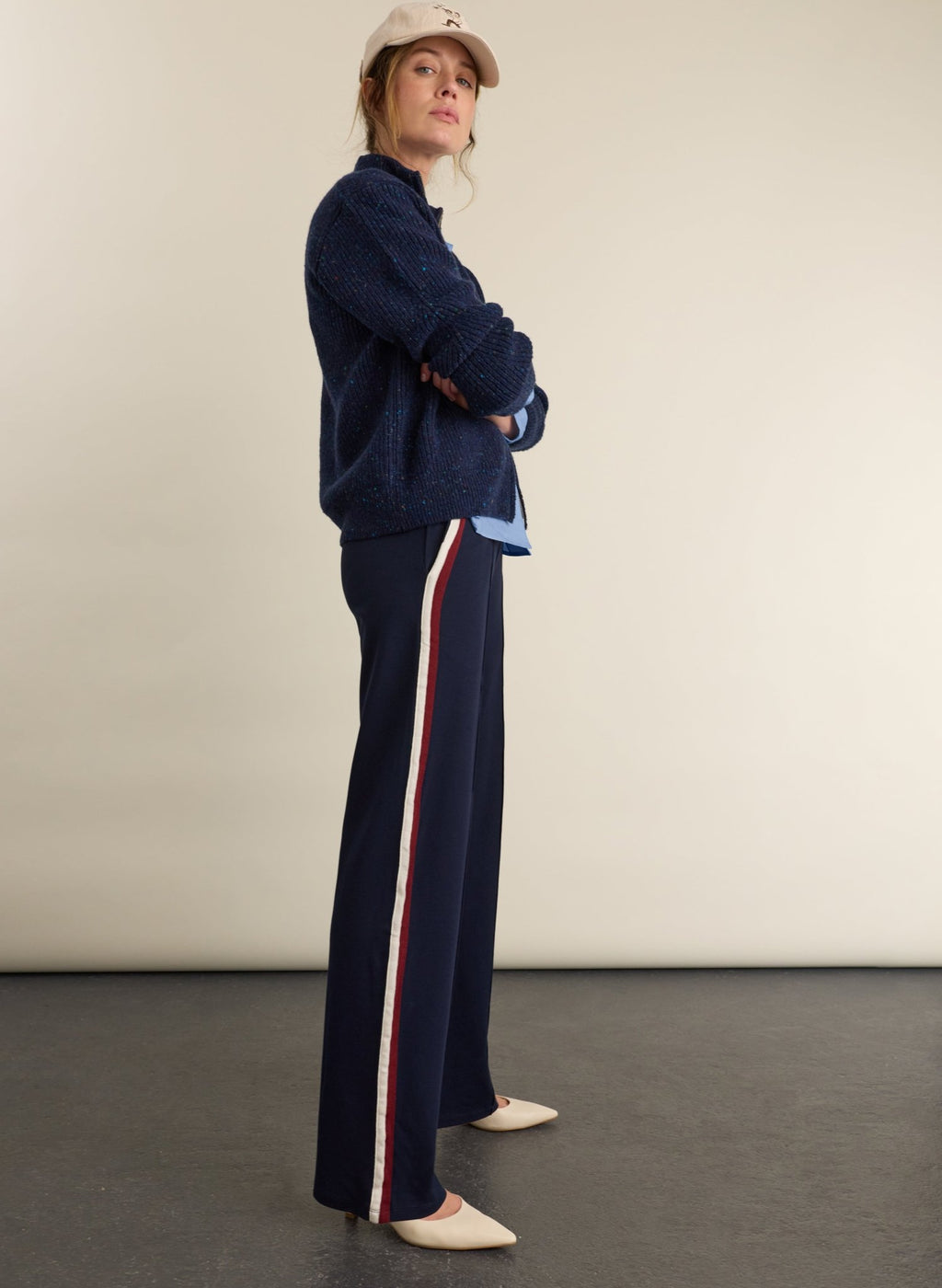 Kerry Side Stripe Trousers - Navy, Cream & Burgundy Stripe Baukjen