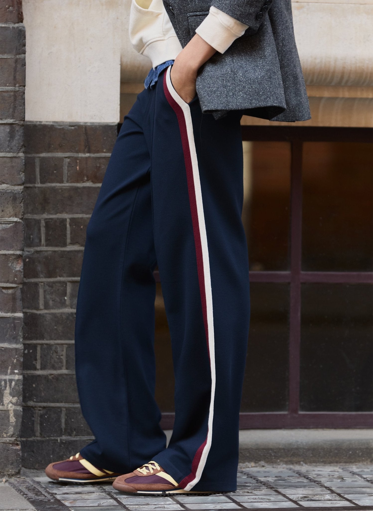 Kerry Side Stripe Trousers - Navy, Cream & Burgundy Stripe Baukjen