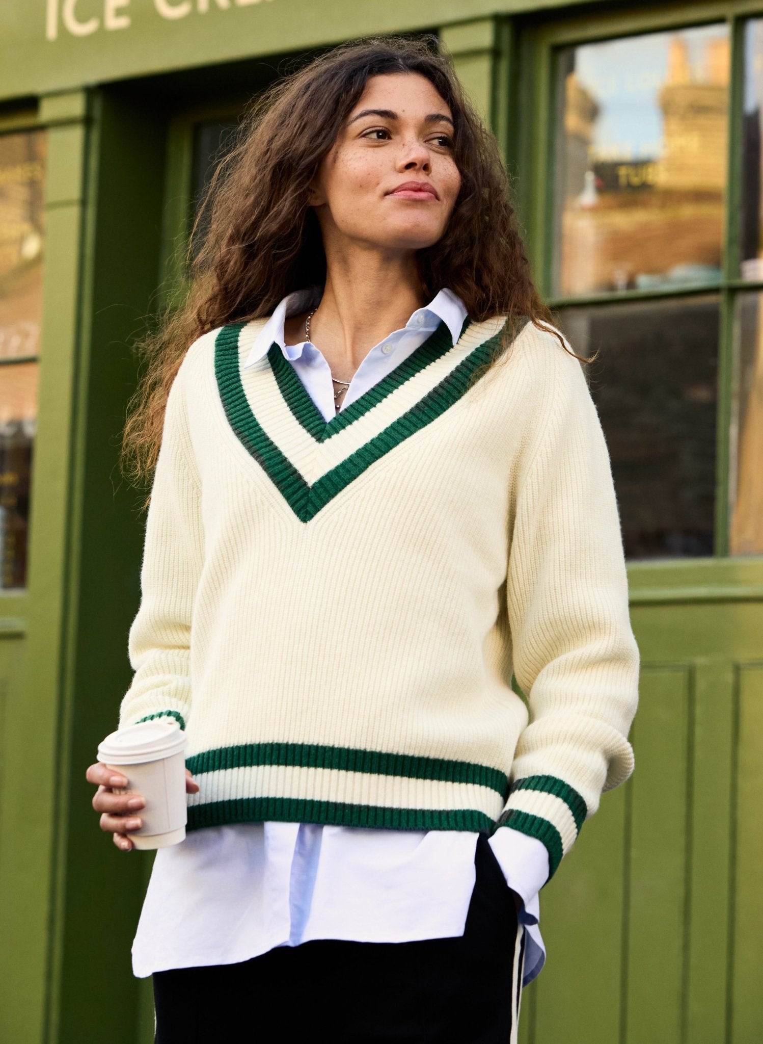 Kertinker Wool Blend Cricket Jumper - Cream and Forest Green Baukjen
