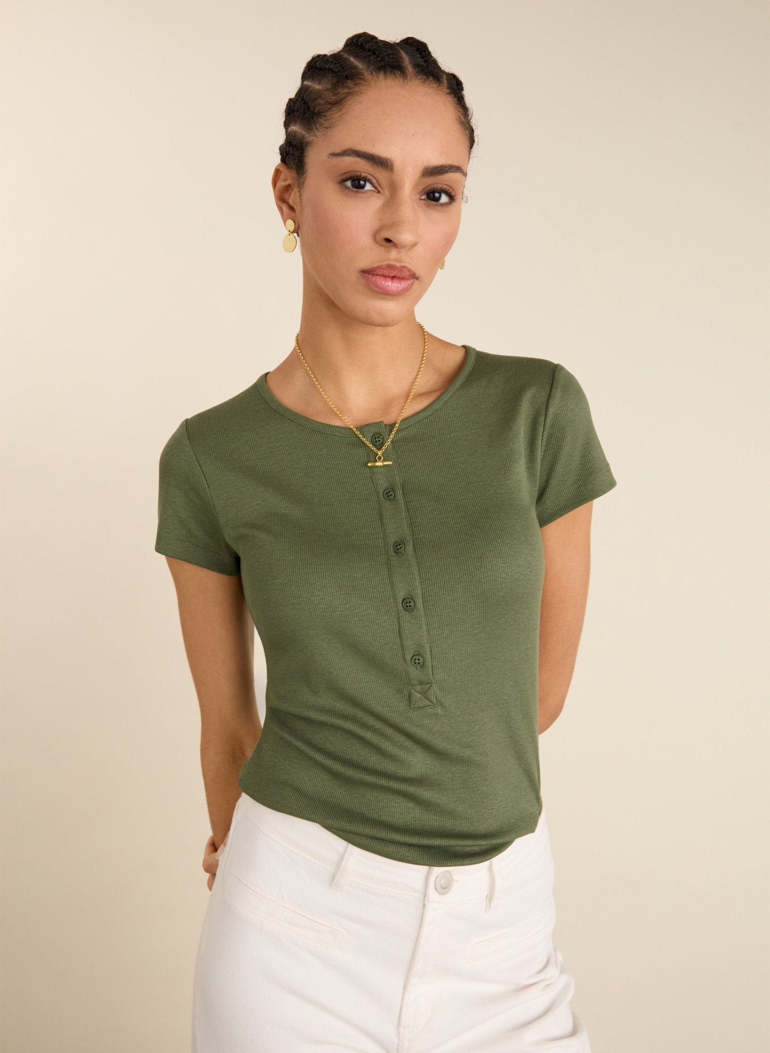 Kikki Cap Sleeve Henley Top Light Khaki Baukjen kikki-cap-sleeve-henley-top-light-khaki-baukjen