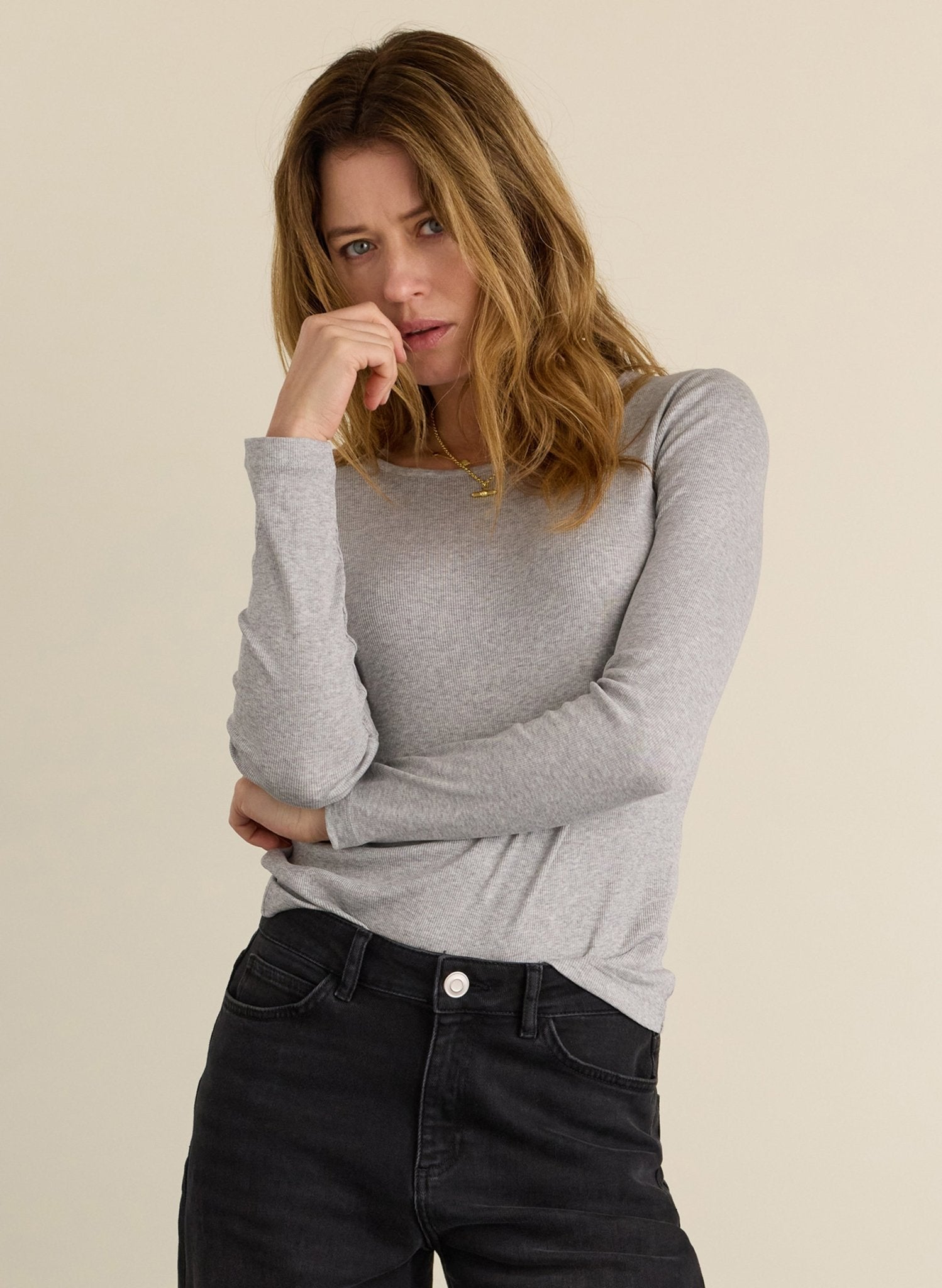 Krystea Luxe Crew Neck Top - Grey Marl Baukjen