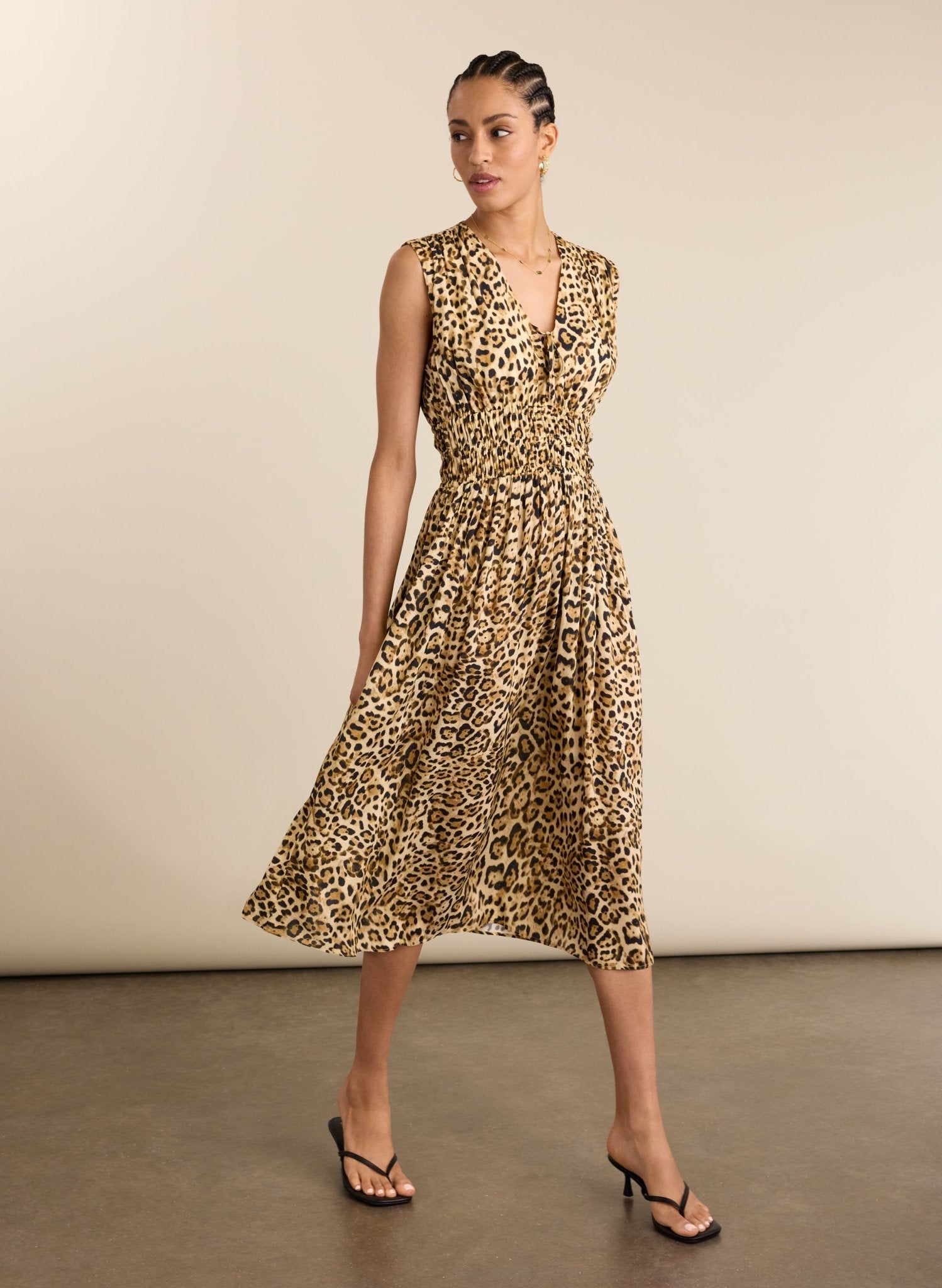 Kyrah Printed Waisted Midi Dress - Sandstone Leopard Baukjen