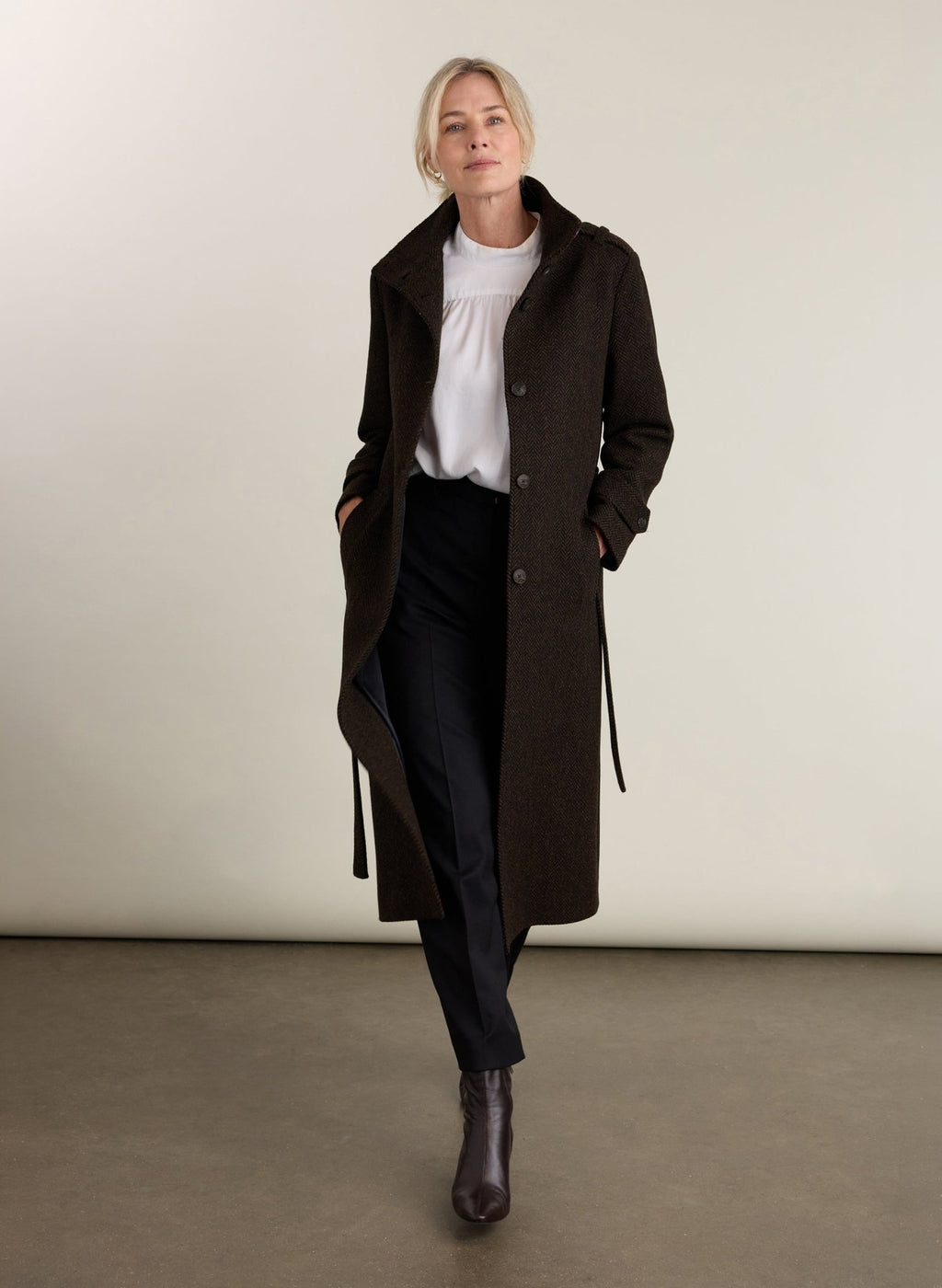 Langley Belted Wool Coat - Chocolate Herringbone Baukjen
