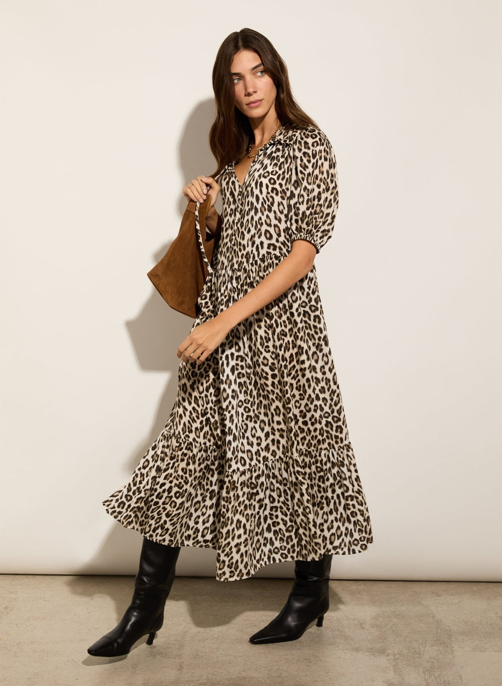 Lavinia Printed Midi Dress - Taupe Leopard Baukjen