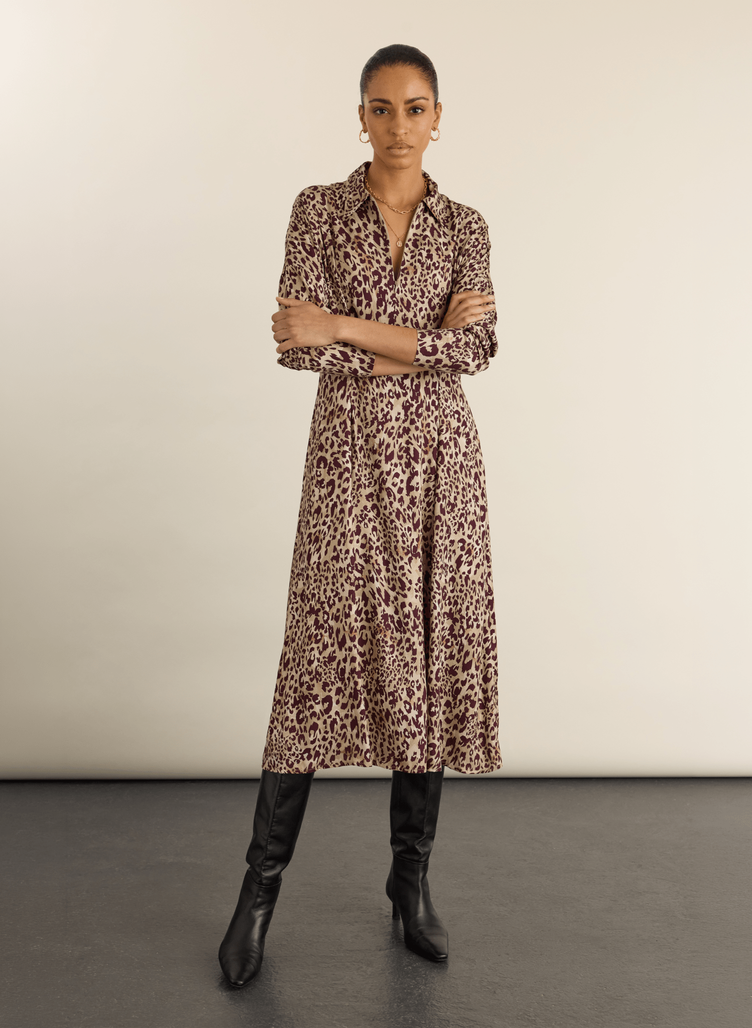 Leanne Printed Midi Dress - Plum Leopard Baukjen