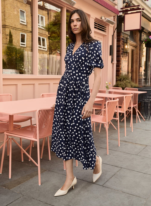 Lina Printed Midi Dress - Navy Mini Polka | Baukjen Lina Printed Midi Dress - Navy Mini Polka | Baukjen