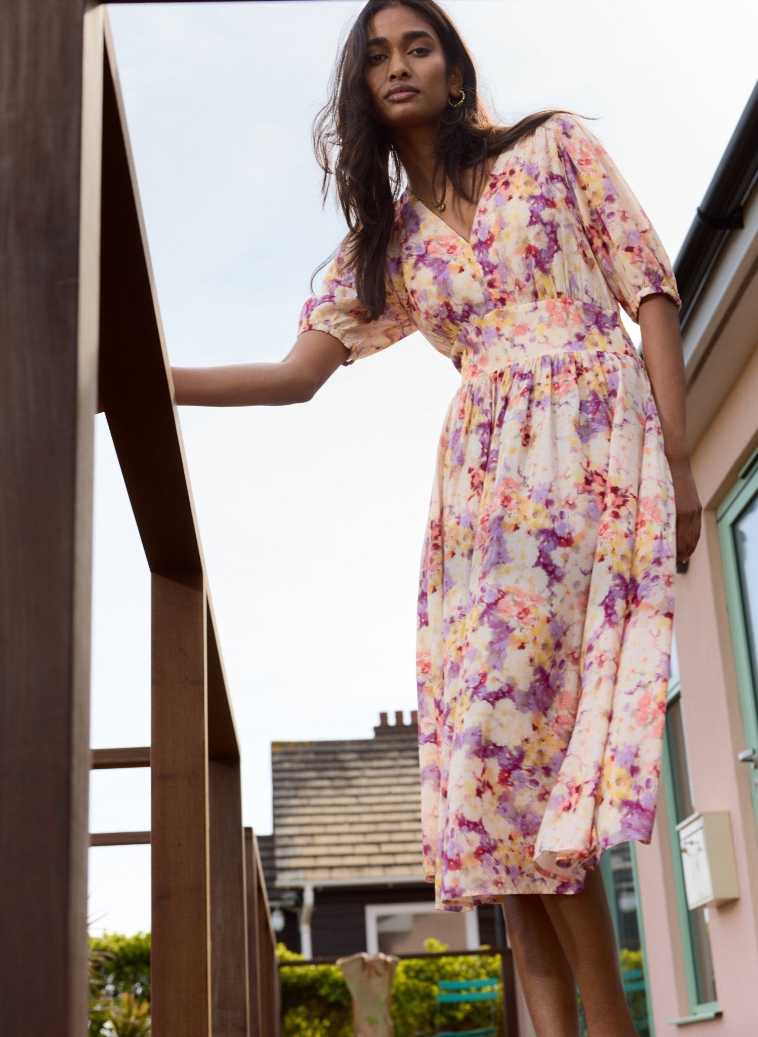 Lina Printed Midi Dress - Violet Watercolour Floral Baukjen