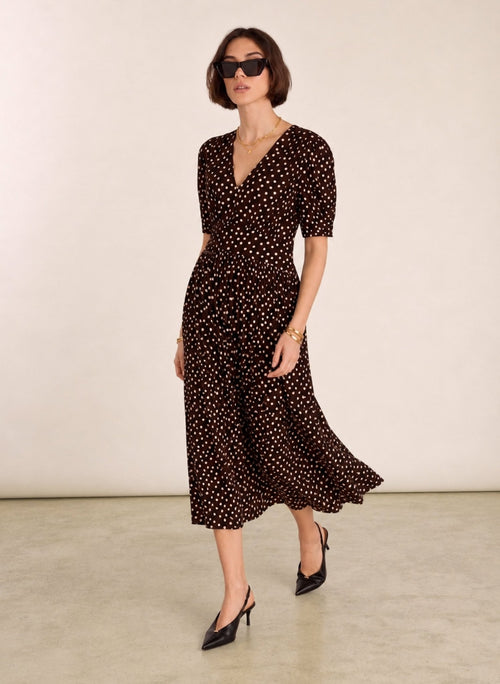 Lina Waist - Cinching Dress - Dark Chocolate Polka Baukjen