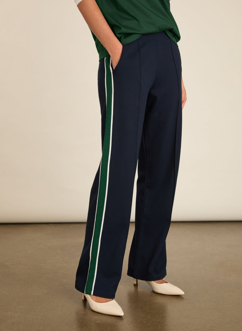 Lisa Side Stripe Trousers - Navy, Green & White Baukjen