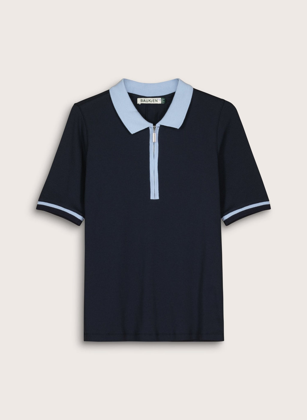 Lydia Organic Cotton Rib Zip Collar Top - Navy & Ice Blue Baukjen