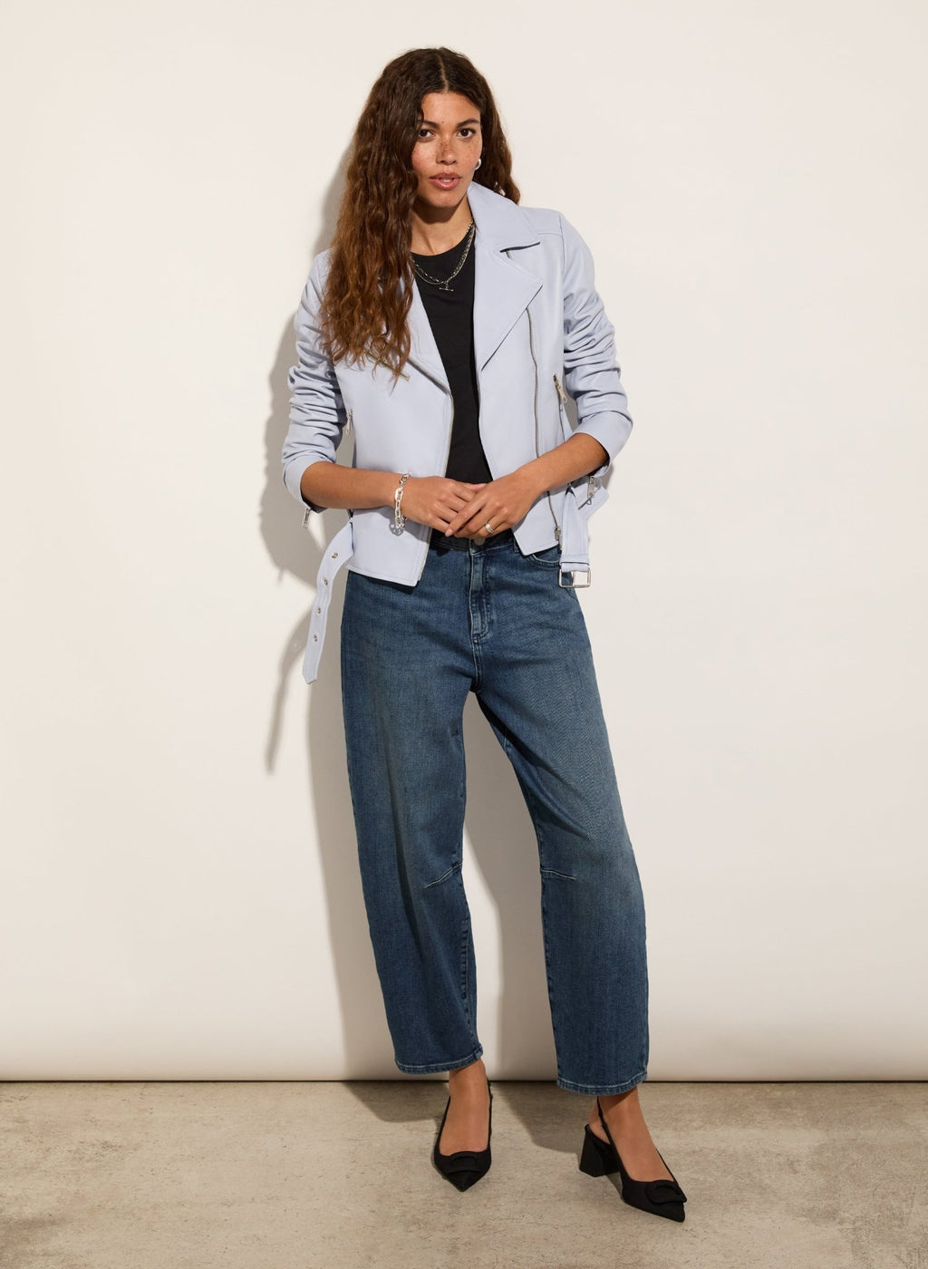 Lyle Leather Biker Jacket - Dawn Blue Baukjen