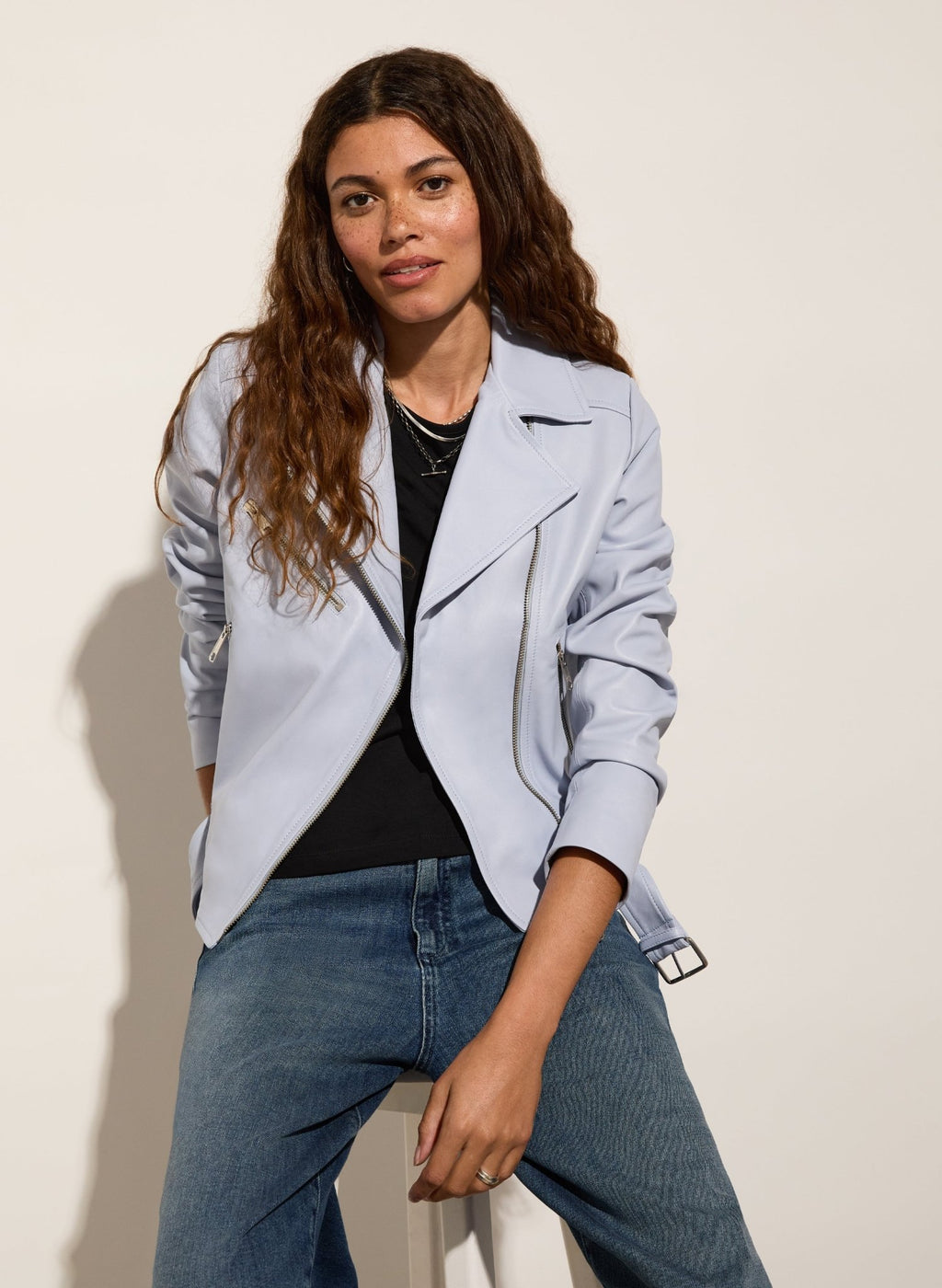 Lyle Leather Biker Jacket - Dawn Blue Baukjen