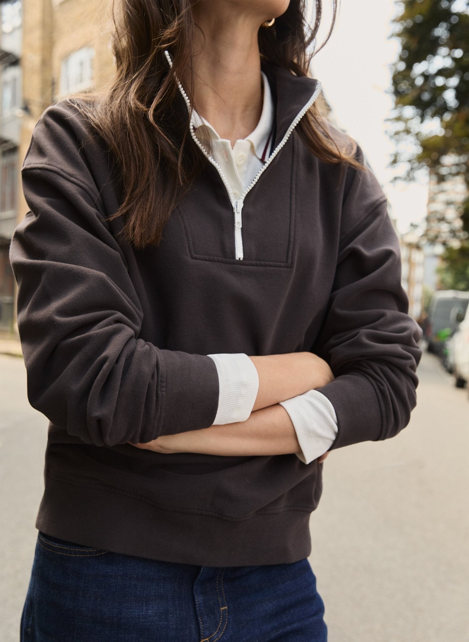 Maddox Organic Cotton Half Zip Sweatshirt - Dark Chocolate | Baukjen