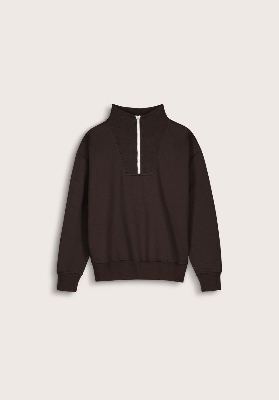 Maddox Organic Cotton Half Zip Sweatshirt - Dark Chocolate | Baukjen
