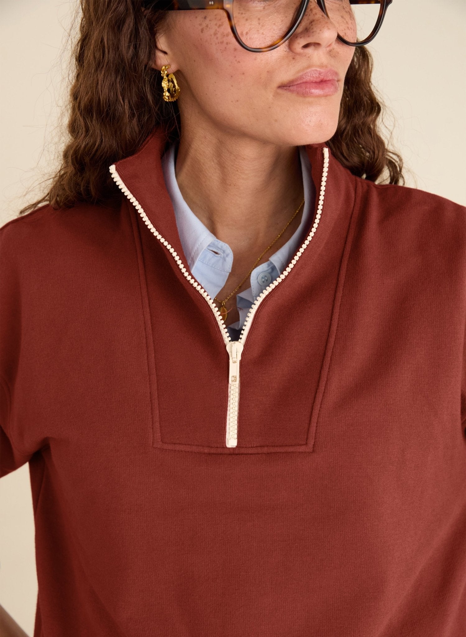 Maddox Organic Cotton Half Zip Sweatshirt - Terracotta Baukjen