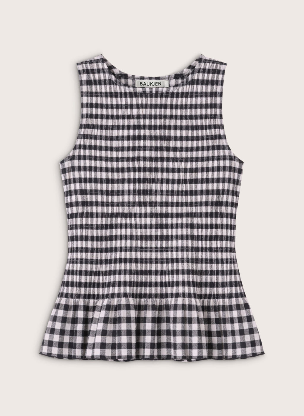 Maggie Linen Gingham Sleeveless Smocked Top - Black & White Gingham Baukjen
