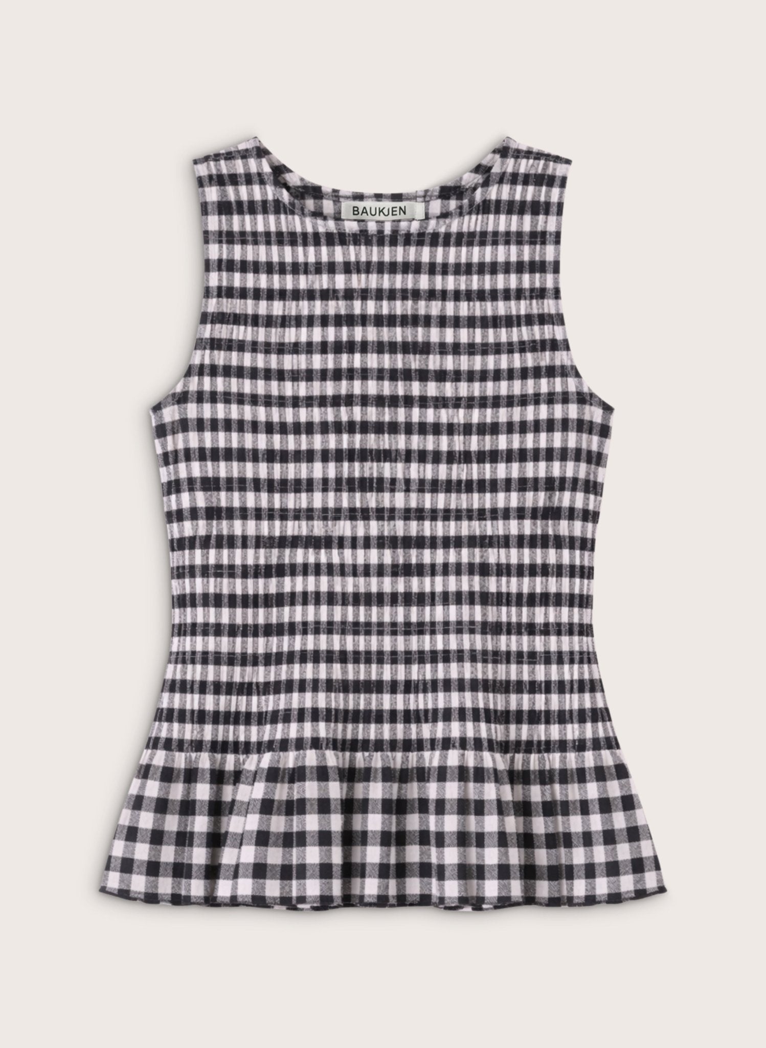 Maggie Linen Gingham Sleeveless Smocked Top - Black & White Gingham Baukjen