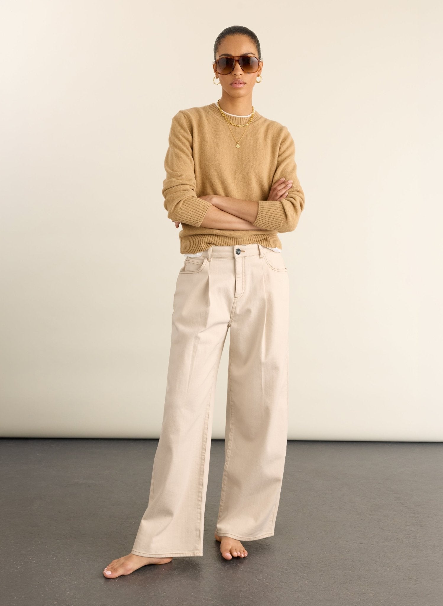 Maria Wide Leg High Waist Pleated Front Jeans - Ecru Baukjen