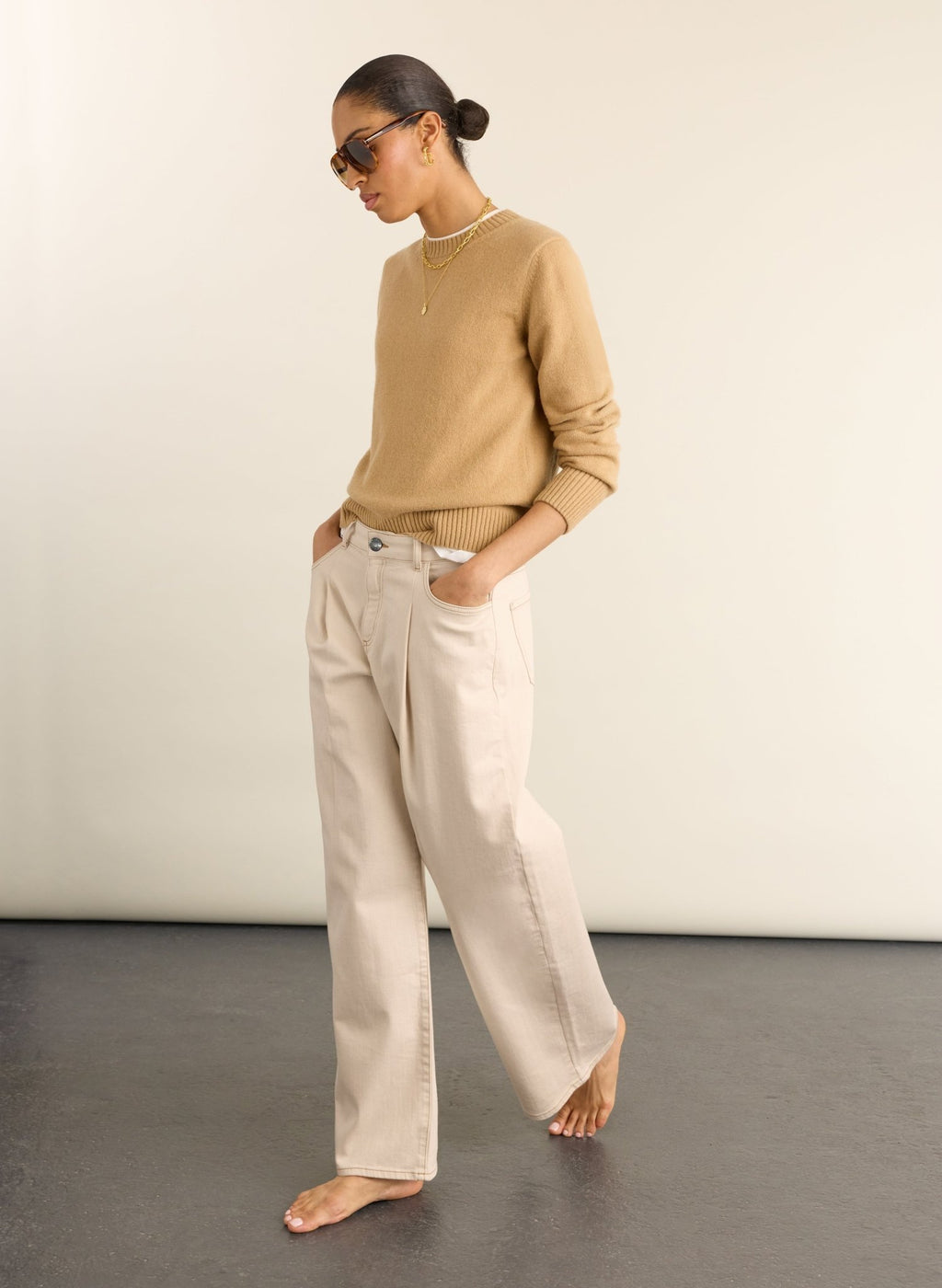 Maria Wide Leg High Waist Pleated Front Jeans - Ecru Baukjen