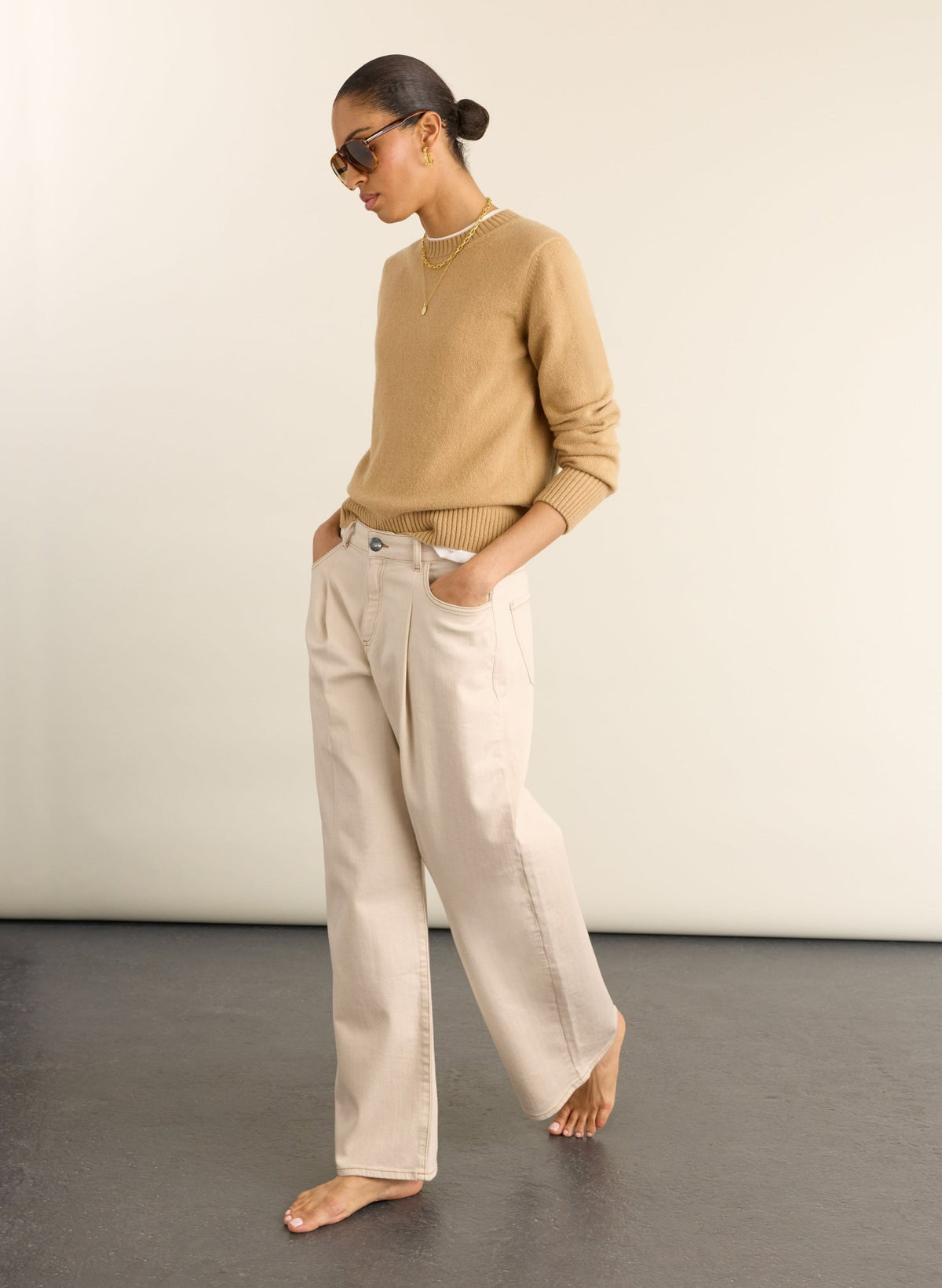 Maria Wide Leg High Waist Pleated Front Jeans - Ecru Baukjen