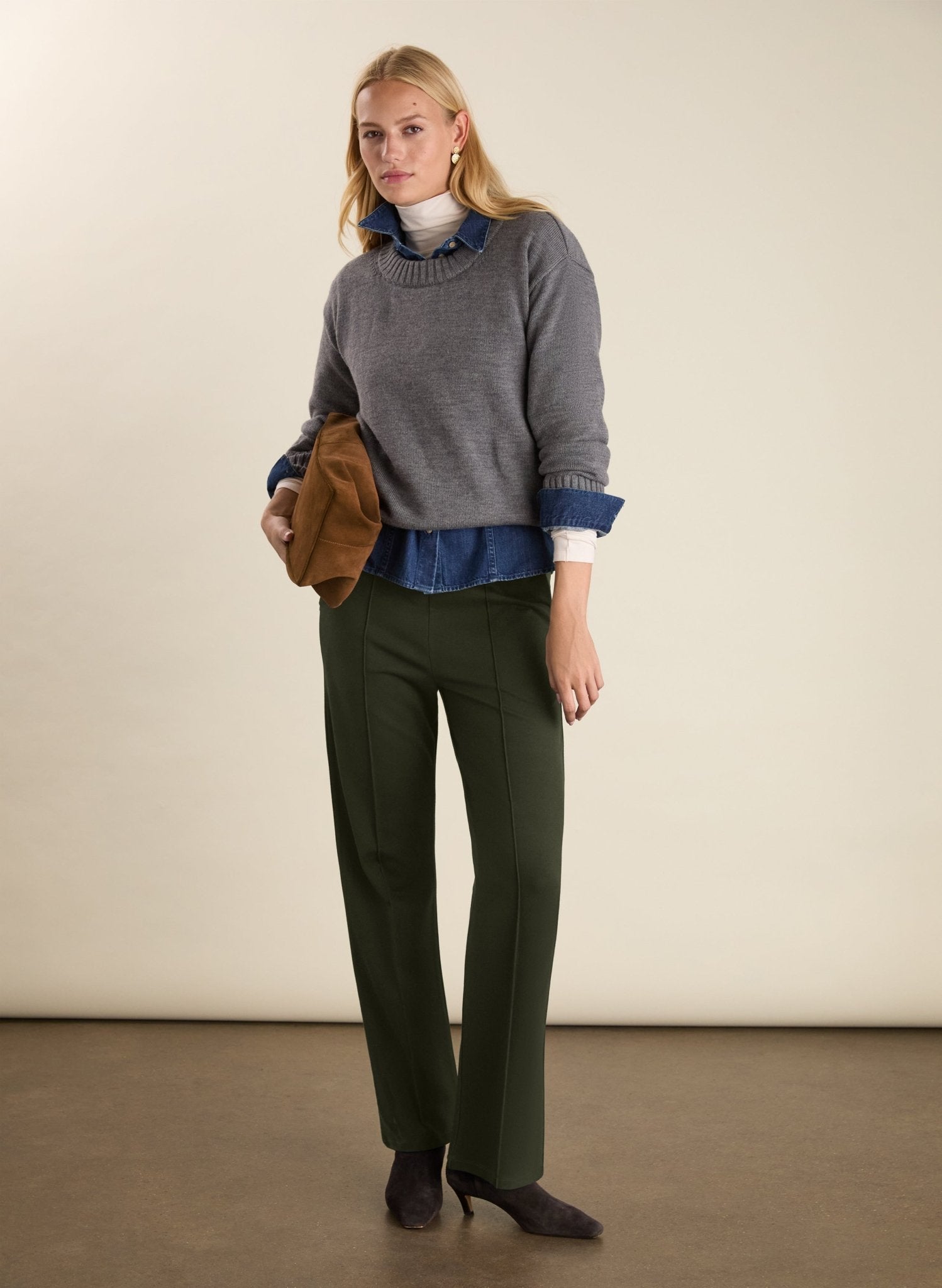 Marian Ponte Wide Leg Trousers - Deep Khaki Baukjen