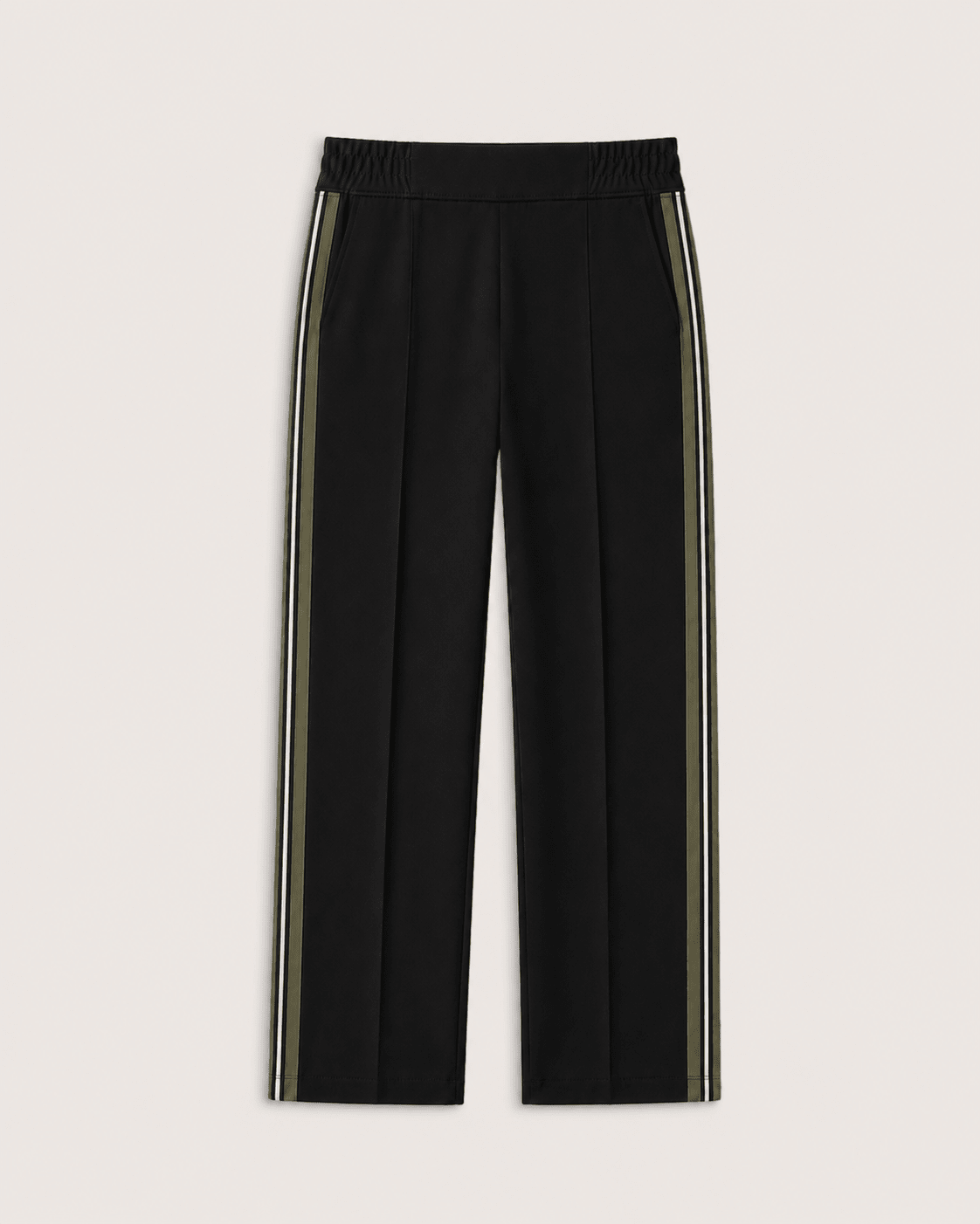 Marjorie Side Stripe Ponte Trousers - Caviar Black & Khaki Baukjen