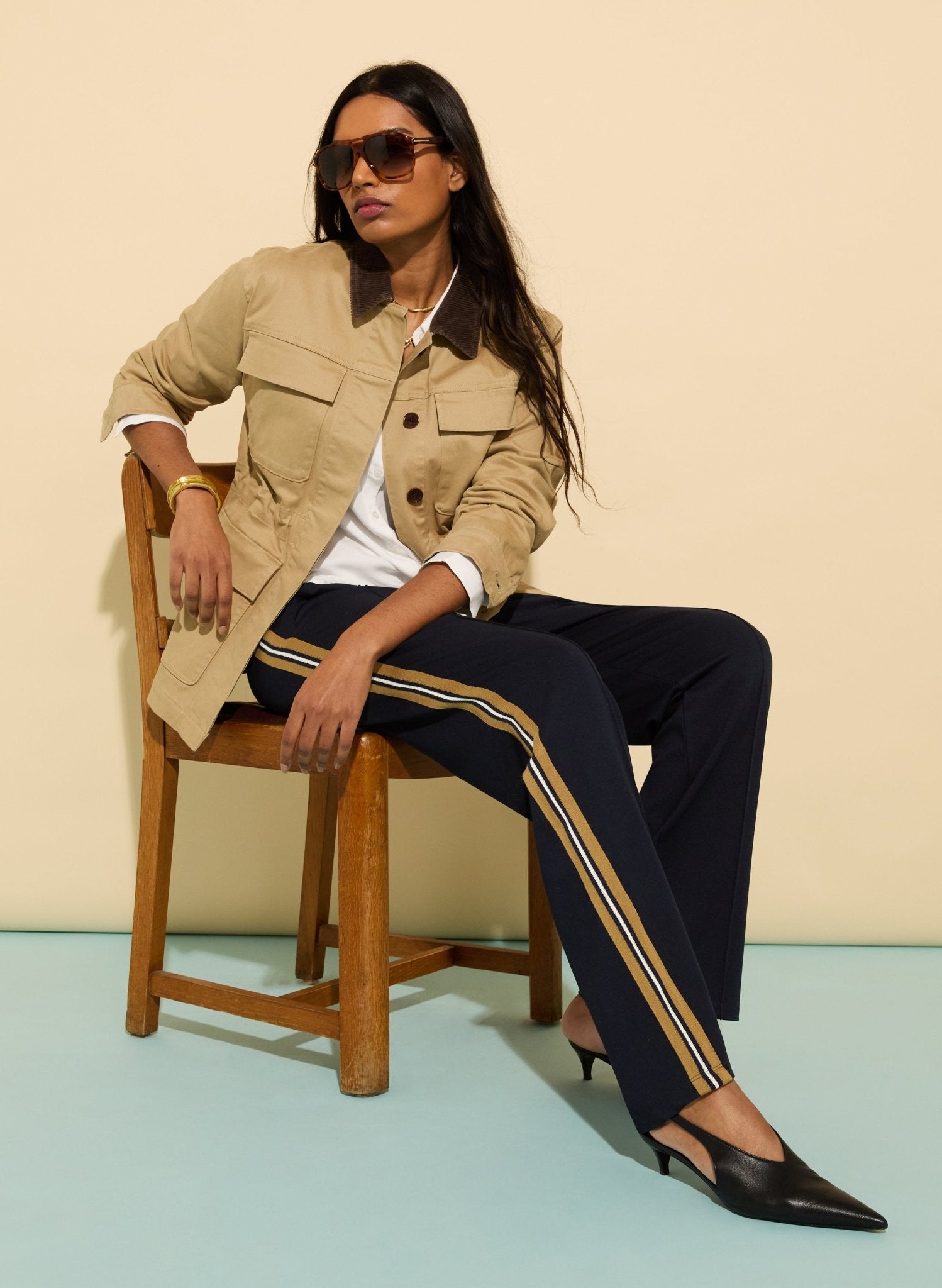 Marjorie Side Stripe Ponte Trousers - Classic Navy, Taupe & Cream Baukjen