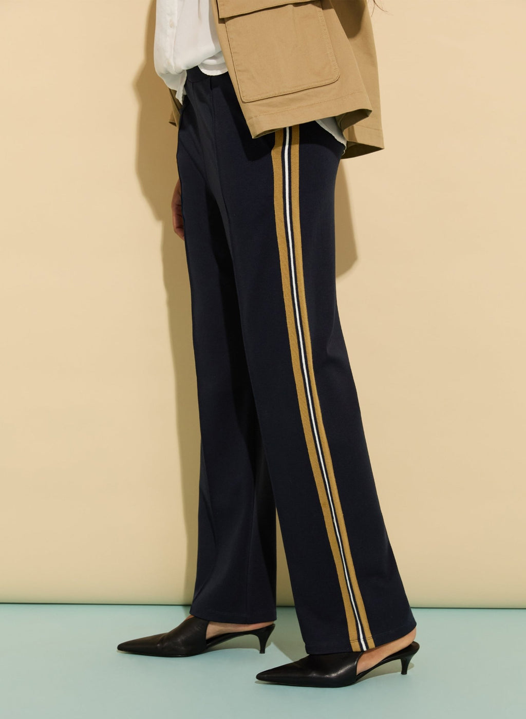 Marjorie Side Stripe Ponte Trousers - Classic Navy, Taupe & Cream Baukjen